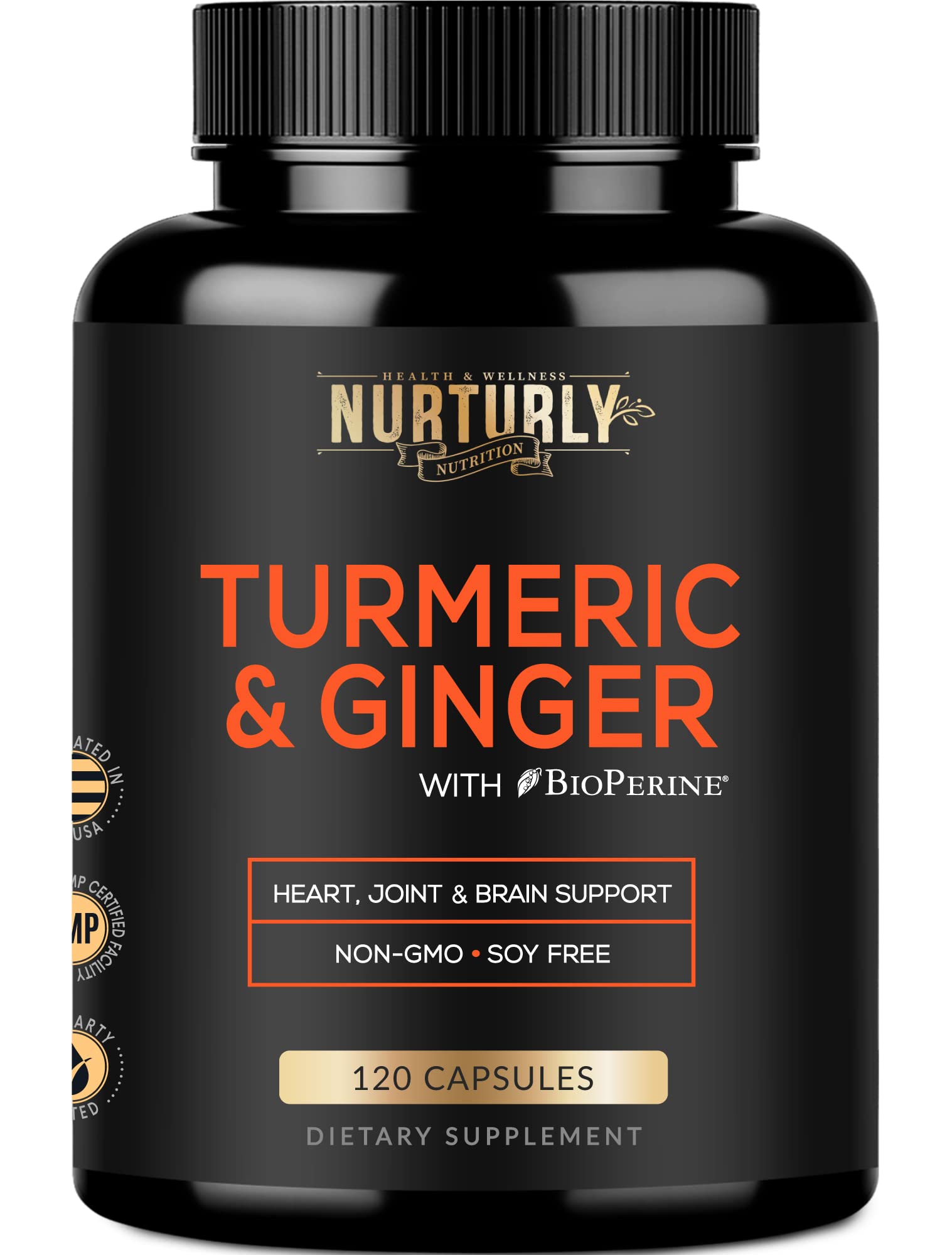 Turmeric Curcumin Supplement with BioPerine, Ginger & Black Pepper - 95% Curcuminoids for Joint & Heart Health - High Absorption, Non-GMO, Gluten Free - 120 Capsules - Supports Inflammation Relief & Immune System Boost