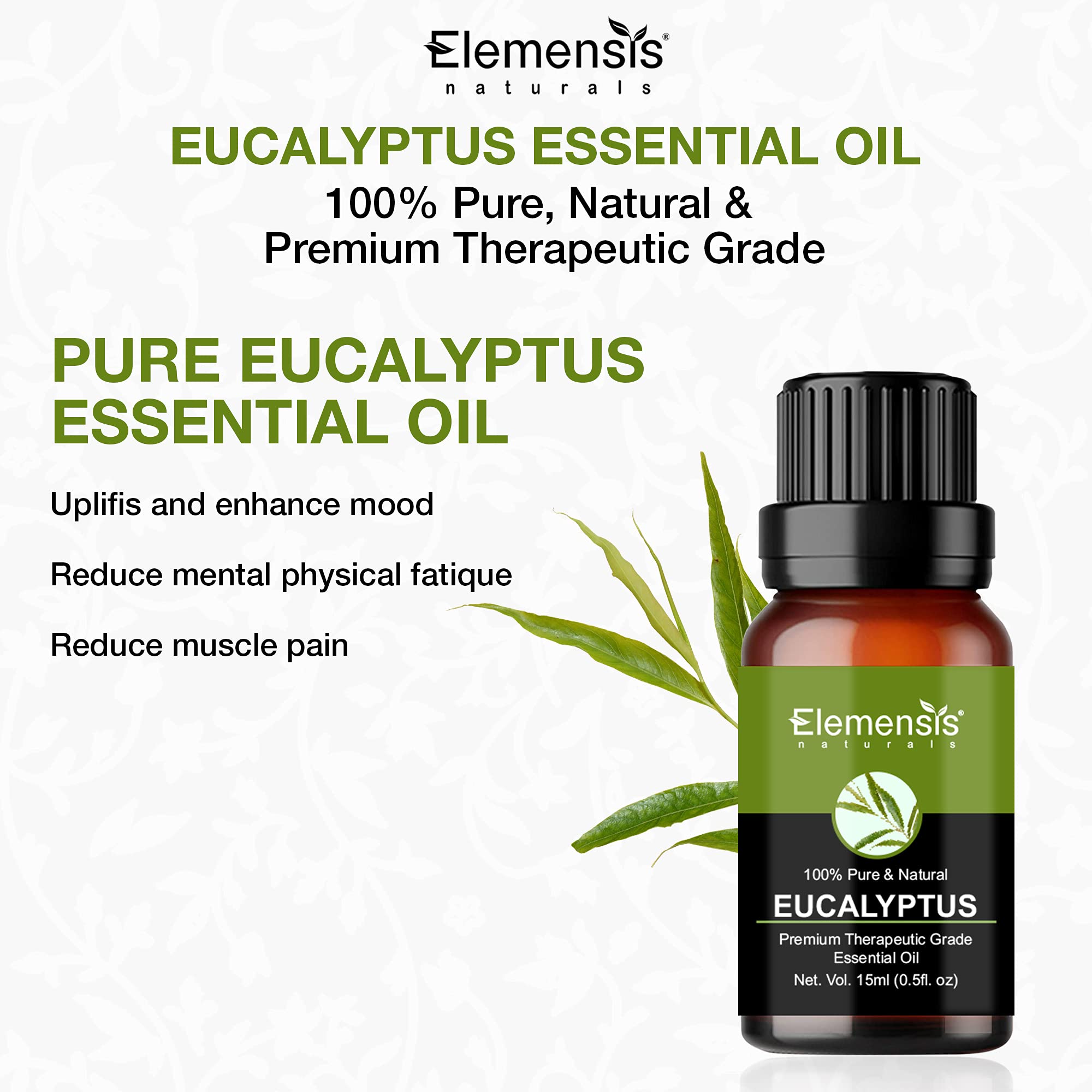 Elemensis Naturals 100% Pure Organic Eucalyptus Essential Oil - Undiluted, Natural Aromatherapy Oil for Cold, Cough & Pain Relief (Nilgiri Oil, 15ml) - Perfect for Diffusers, Massage & Home Spa