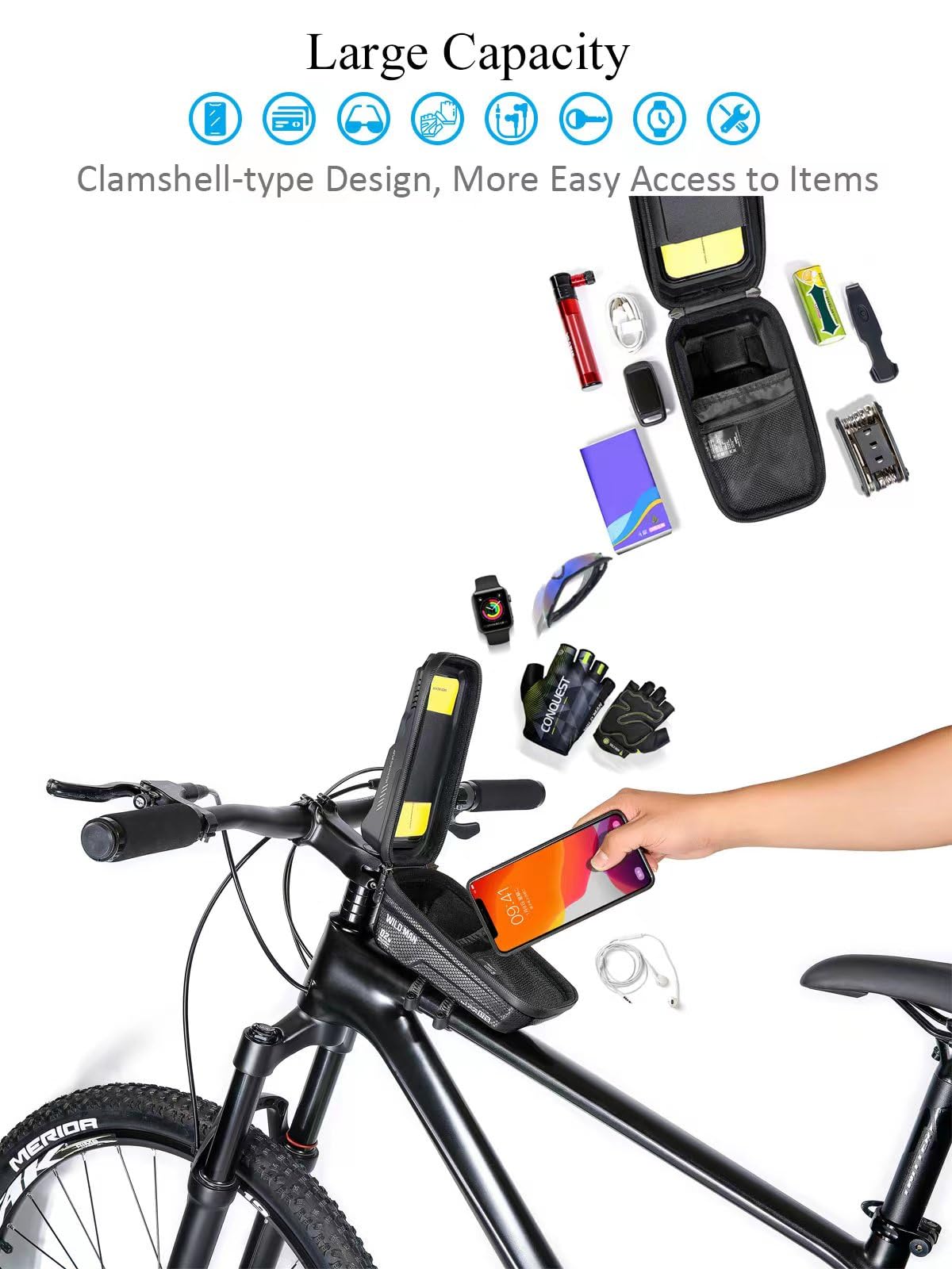**WILD MAN Bike Phone Holder Bag - Waterproof Bicycle Accessories for Cycling, Adjustable Mount for Phones Under 6.7