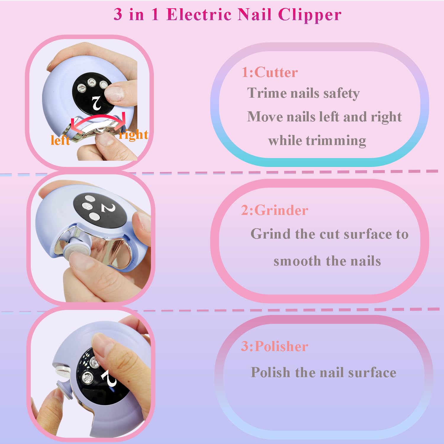 Upgraded 3-in-1 Electric Nail Clipper with LED Light & 3 Speed Settings - Rechargeable Automatic Nail Trimmer for Baby, Kids, Adults & Seniors - Scrap Collector Design (Purple) - Perfect for Home, Travel & Salon Use