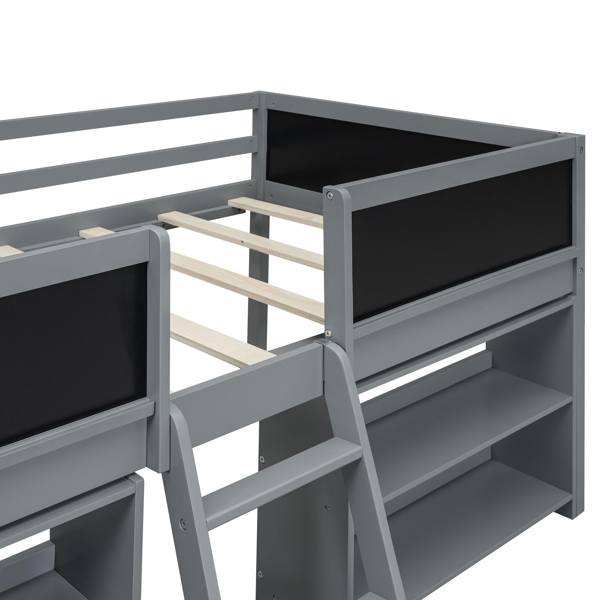 Twin Size Low Loft Bed with Movable Shelves & Guardrail - Solid Wood Kids Loft Bed Frame with Chalkboard & Storage - Space-Saving Bed for Small Rooms - Perfect for Boys & Girls Bedroom (Gray)