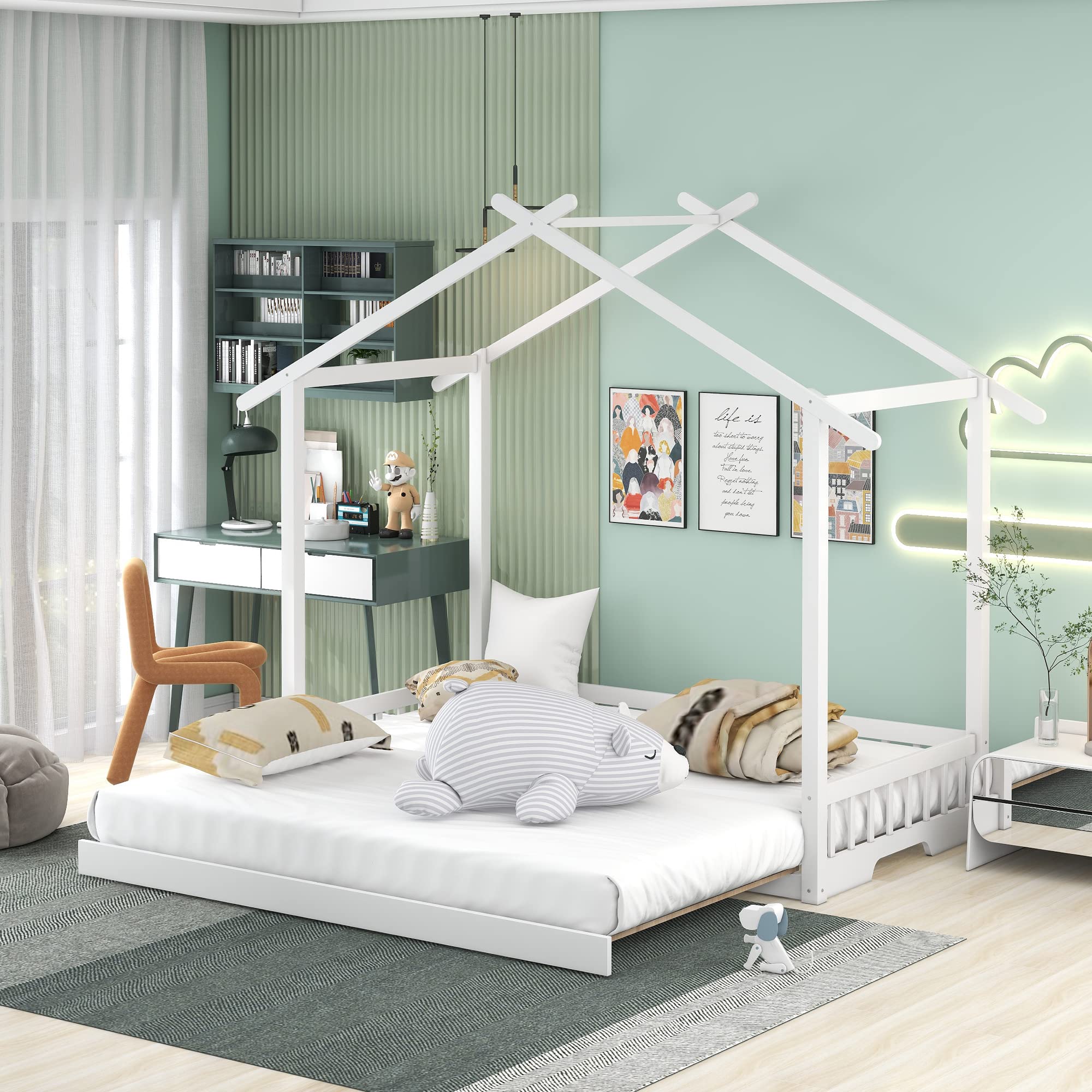 P PURLOVE Kids Wooden House Bed Frame - Extendable Twin to King Size Daybed with Roof, Wooden Floor Bed for Children's Room | Perfect for Playtime, Naptime & Sleepovers