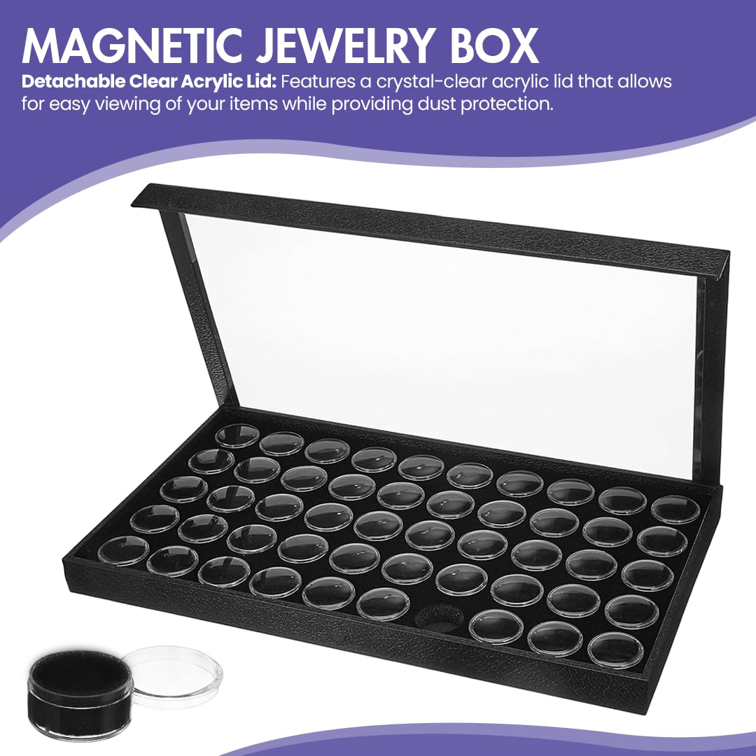 Premium Large Jewelry Display Case 14.75x8.25x1.15 Inches with 50 Gem Jars - Magnetic Detachable Clear Acrylic Lid & Black Tray Foam Liner - Perfect for Jewelry Storage, Rock Collection, and Showcasing Collectibles - Ideal for Home Display, Retail Stores, and Gift Packaging
