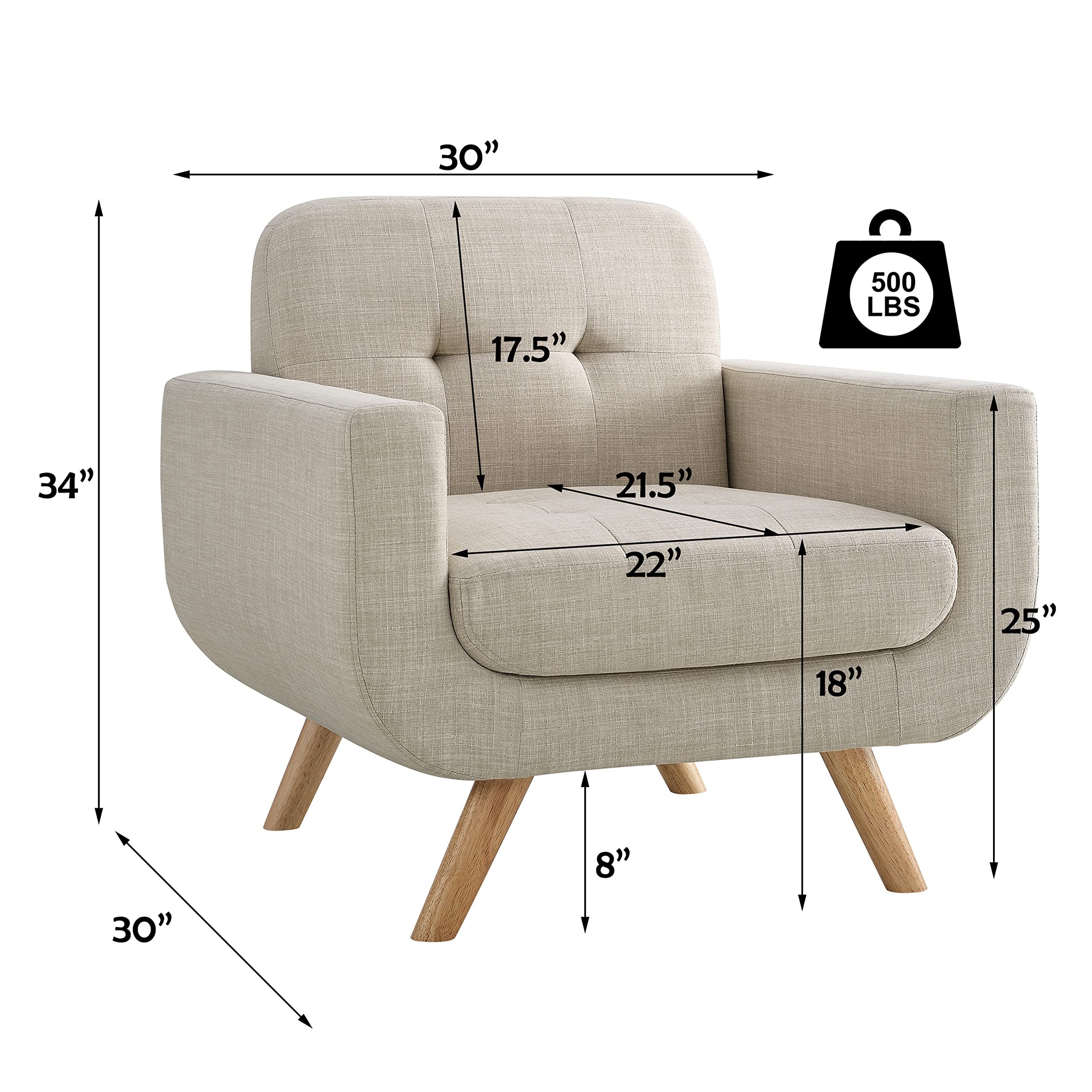 Rosevera Elena Modern Accent Armchair with Linen Upholstery - Mid Century Living Room Chair, Beige - Perfect for Lounge, Reading Nook & Home Office Decor