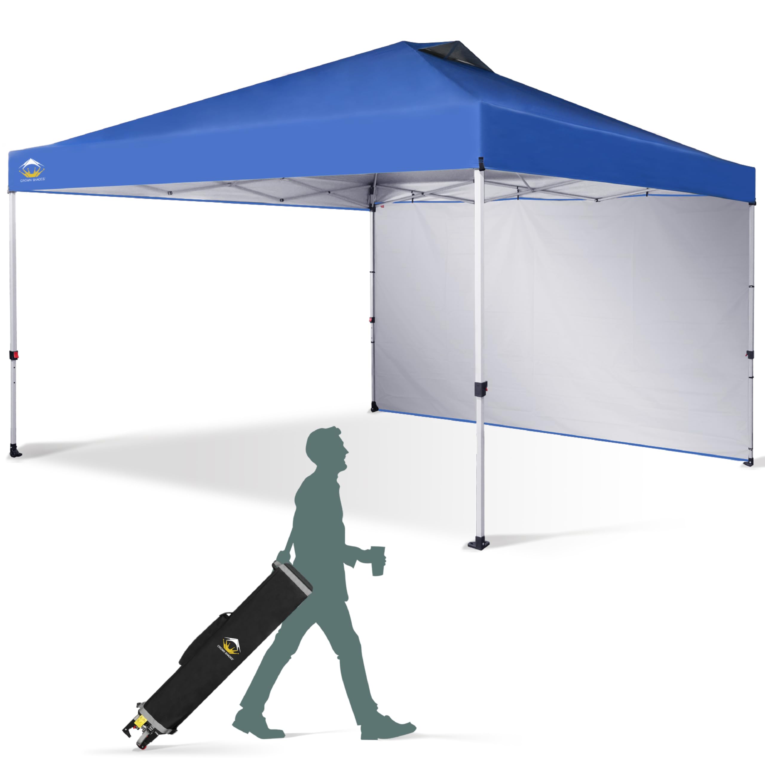 CROWN SHADES 12x12 Pop Up Canopy Tent with 150D Silver Coated Fabric - Instant Commercial Canopy Includes 1 Removable Sidewall, 4 Ropes, 8 Stakes, Weight Bags & STO 'N Go Bag - Perfect for Outdoor Events, Beach Parties, Camping & Farmers Markets (Blue)
