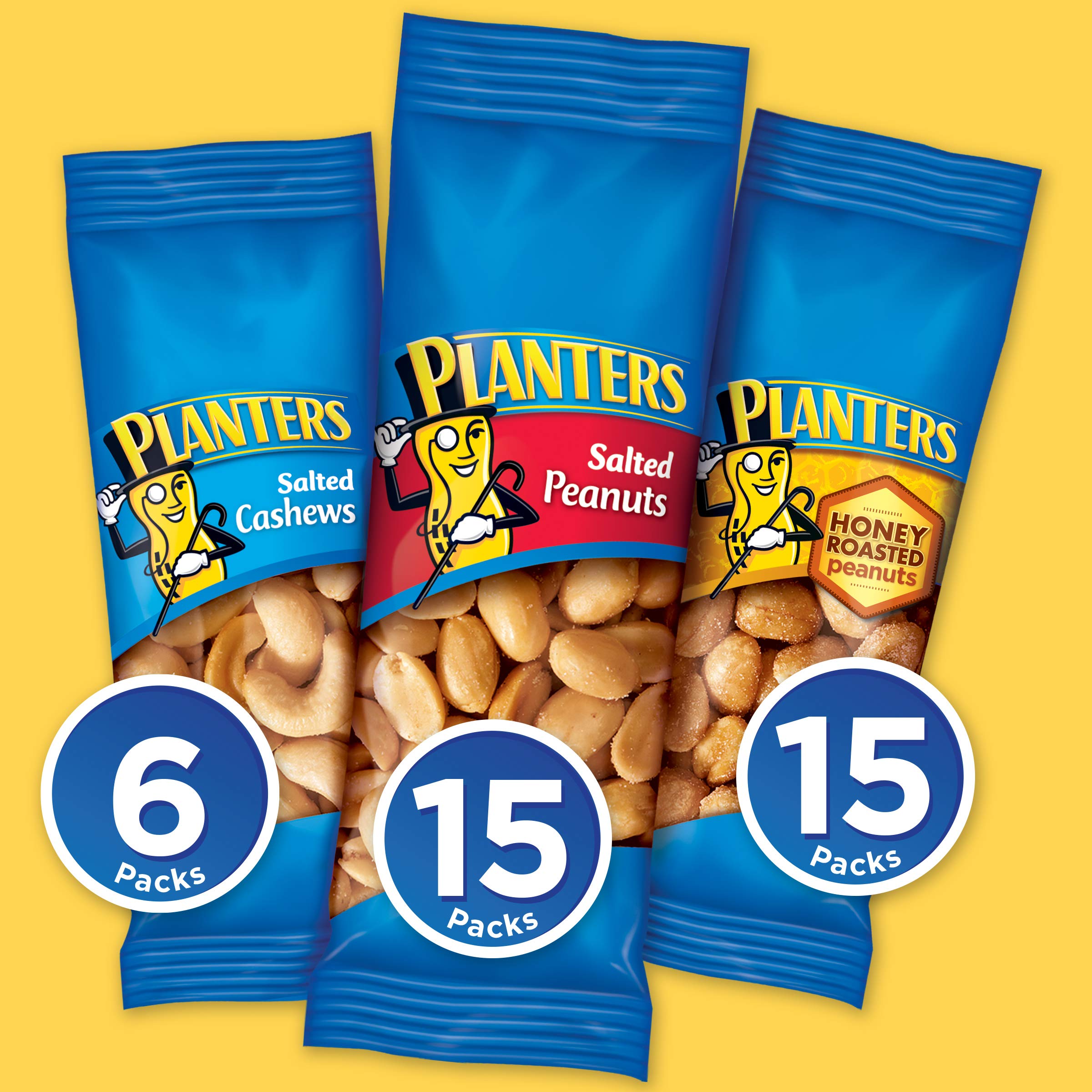 PLANTERS Variety Pack - Salted Cashews, Peanuts & Honey Roasted Nuts | 36 Individually Wrapped Kosher Snacks | Perfect for Office, Travel & Healthy On-the-Go Snacking