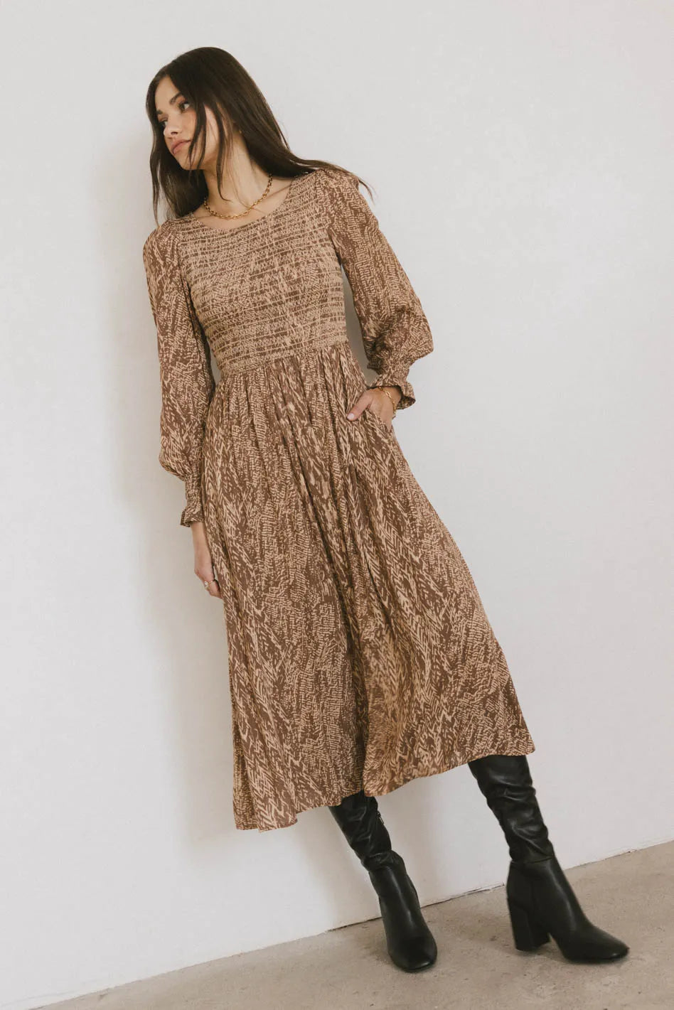 Justice Abstract Print Midi Dress in Brown - Boho Chic Flowy Dress for Women | Perfect for Casual Outings, Parties & Summer Vacations