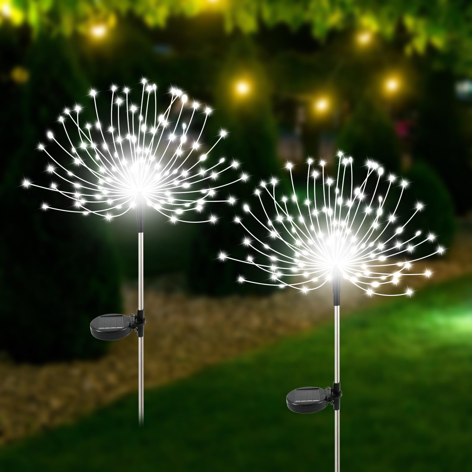 120 LED Solar Garden Lights Outdoor Waterproof - 2 Pack White Solar Firework Lights for Pathway, Flowerbed, Party & Christmas Decorations - Perfect for Backyard, Patio, Lawn and Landscape Lighting