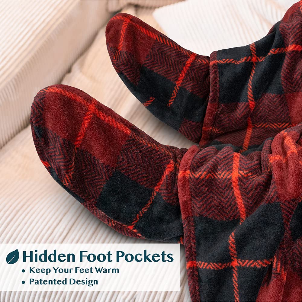 PAVILIA Fleece Blanket with Sleeves & Foot Pockets - Wearable Blanket for Women & Men - Soft Plush Throw Wrap - Warm Snuggle Robe Blanket - Cozy Gift for Wife or Mom (Plaid Red) - Perfect for Movie Nights, Camping & Winter Relaxation