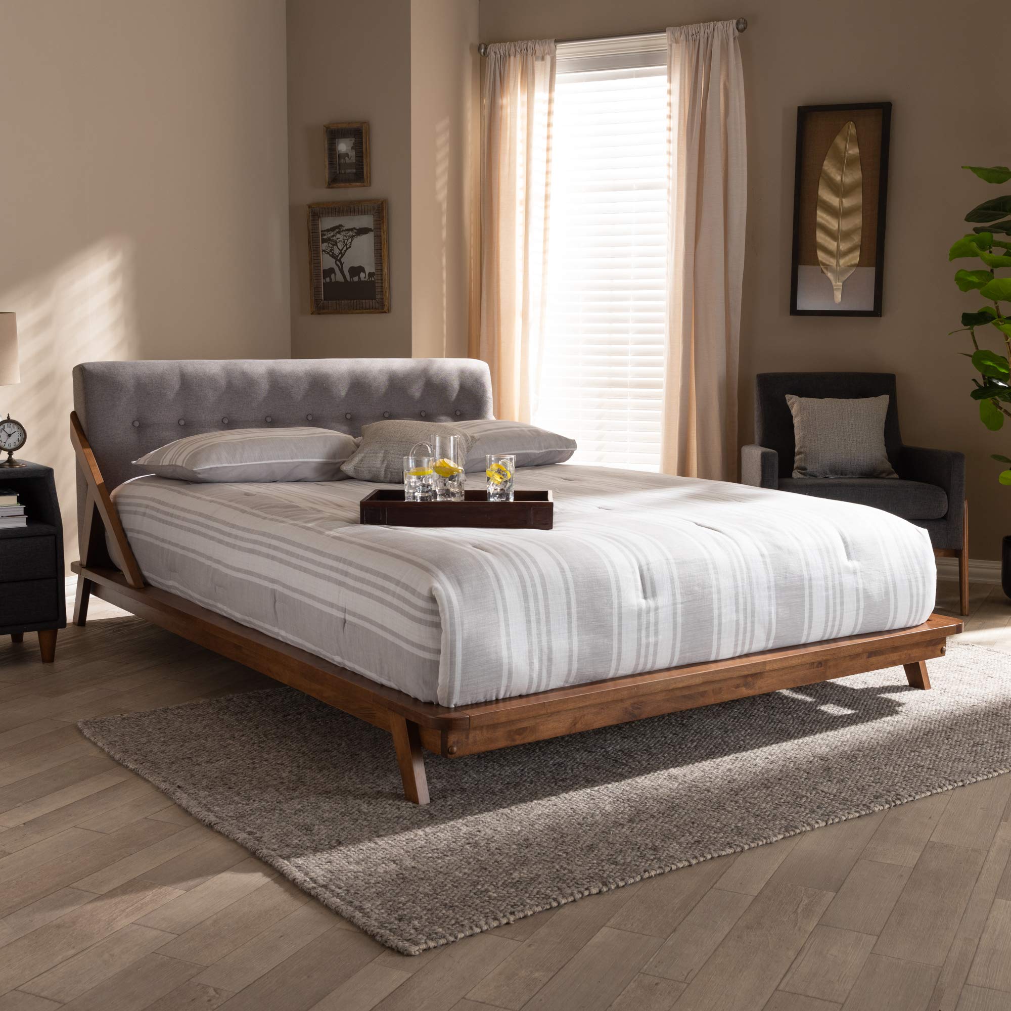Baxton Studio King Size Platform Bed Frame - Modern Gray & Walnut Wood Finish - Perfect for Master Bedroom, Guest Room, or Apartment