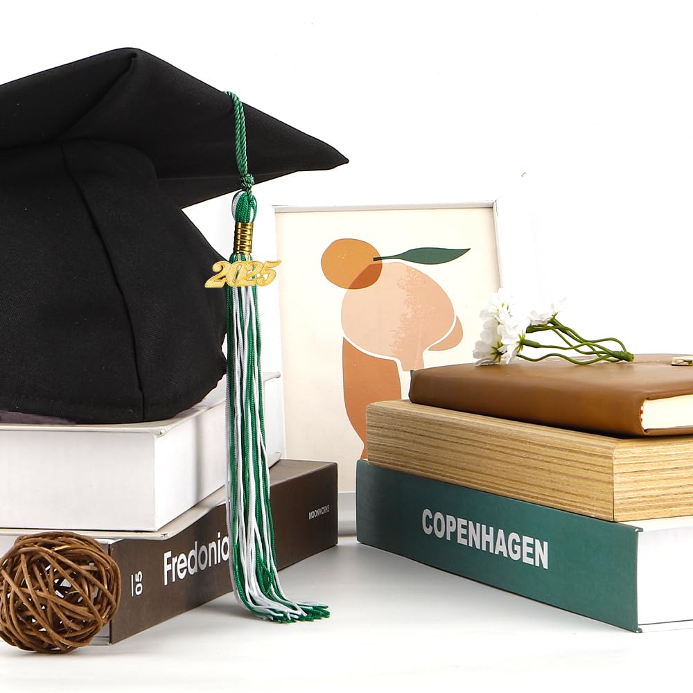 2025 Graduation Tassel with Gold Charm - White & Green Tassel Accessories for Graduation Cap Decor, Ceremony & Gifts - Perfect for High School, College Commencement & Graduation Parties