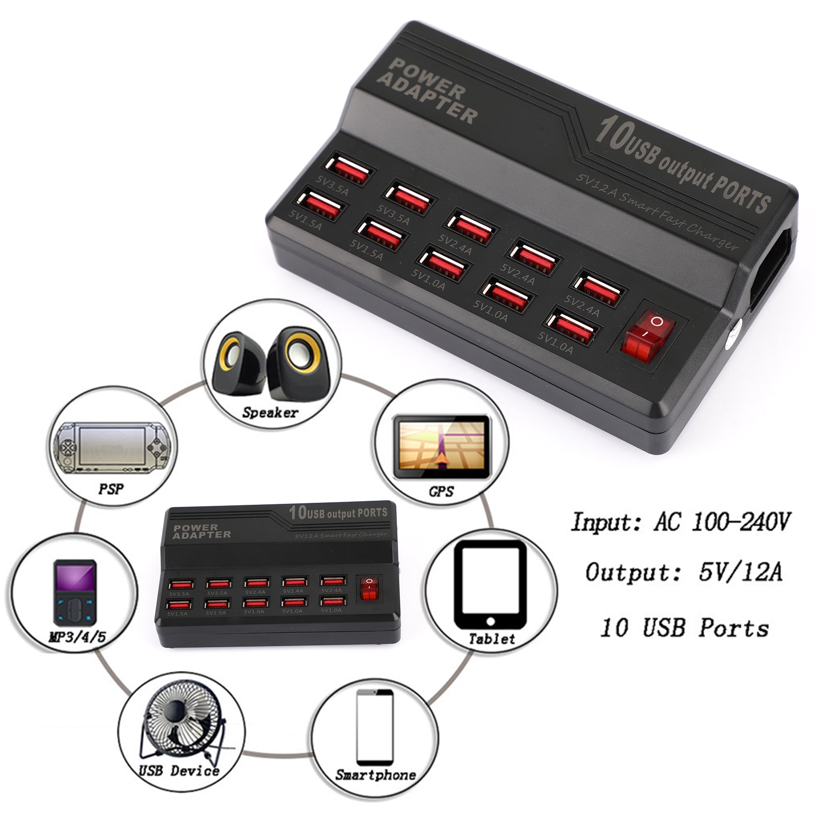 10-Port USB Desktop Charger 5V/12A Fast Charging Station with Multi Hub Dock - AU Plug | Perfect for Home, Office & Travel Charging Multiple Devices Simultaneously