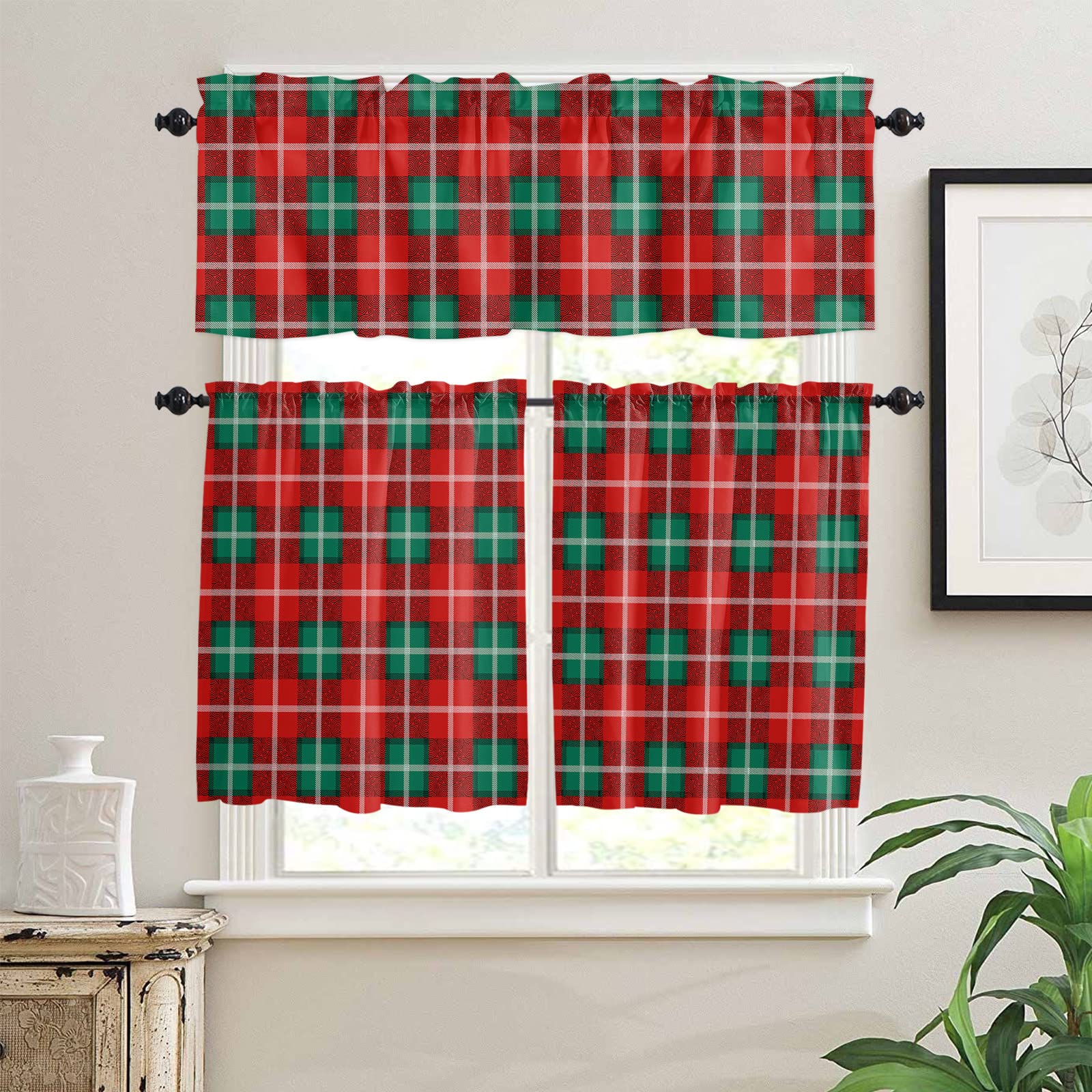 Merry Christmas Kitchen Curtains Set - 24 Inch Small Half Window Curtains with Rod Pocket, Red Green Black Plaid Geometric Design - Perfect for Cafe, Bathroom, Bedroom & Holiday Decor