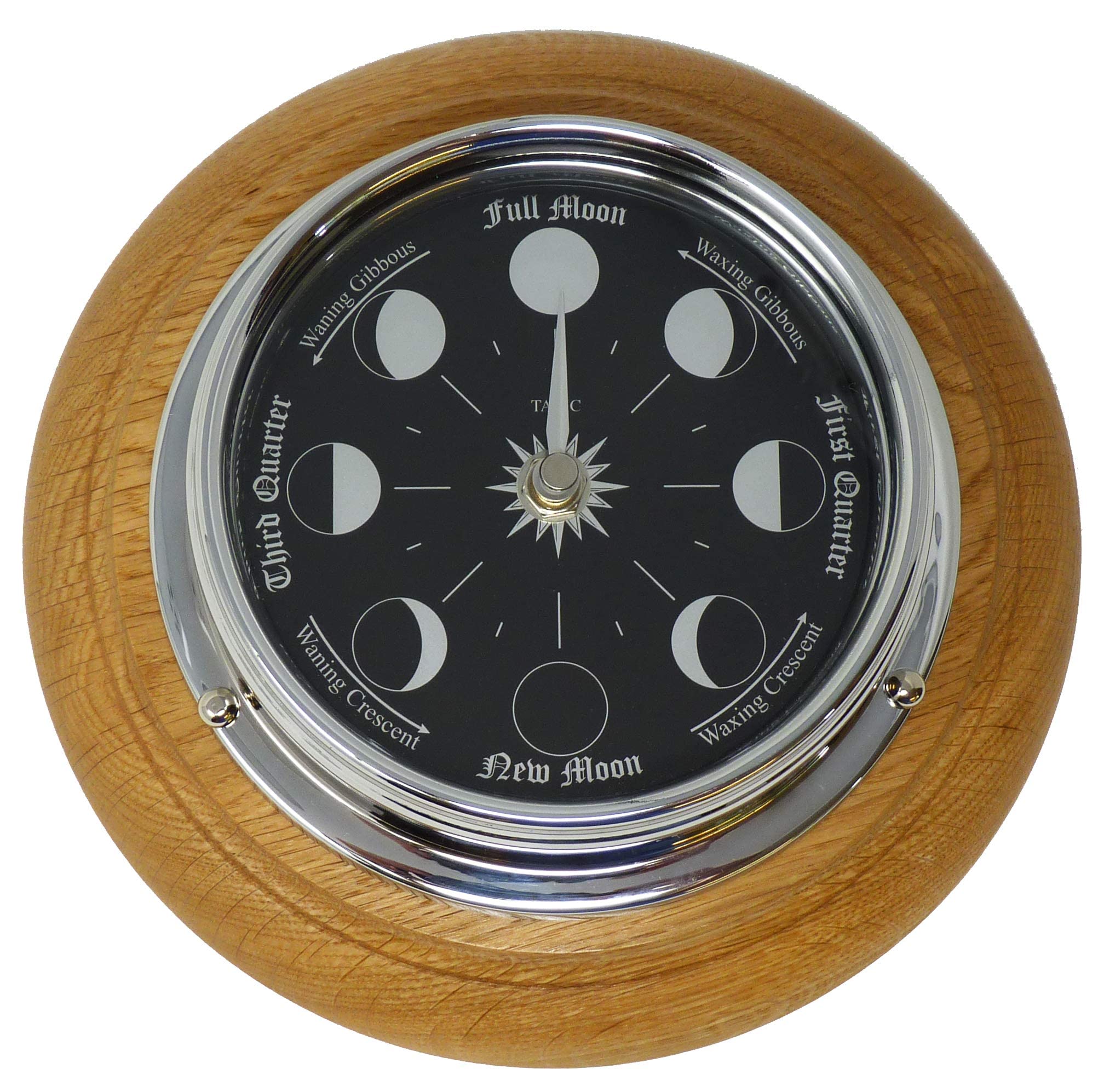 Prestige Chrome Moon Phase Wall Clock - Handcrafted English Oak Frame - Elegant Home & Office Decor for Living Room, Bedroom, Study