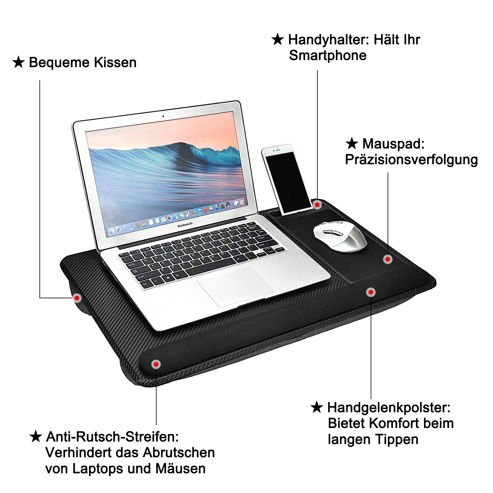 Ergonomic Laptop Cushion for Bed & Couch - Cooling Pad with Mouse Pad & Wrist Support - Portable Lap Desk Tray Fits 17