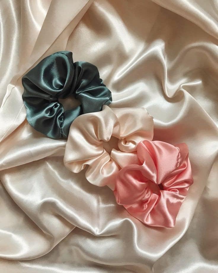 Premium Satin Silk Hair Scrunchies Set of 3 - Soft Ponytail Holders & Volumizing Hair Ties for Women, Girls, Mom & Sister | Perfect for Work, Gym, Parties & Everyday Styling (Stunning Colors)