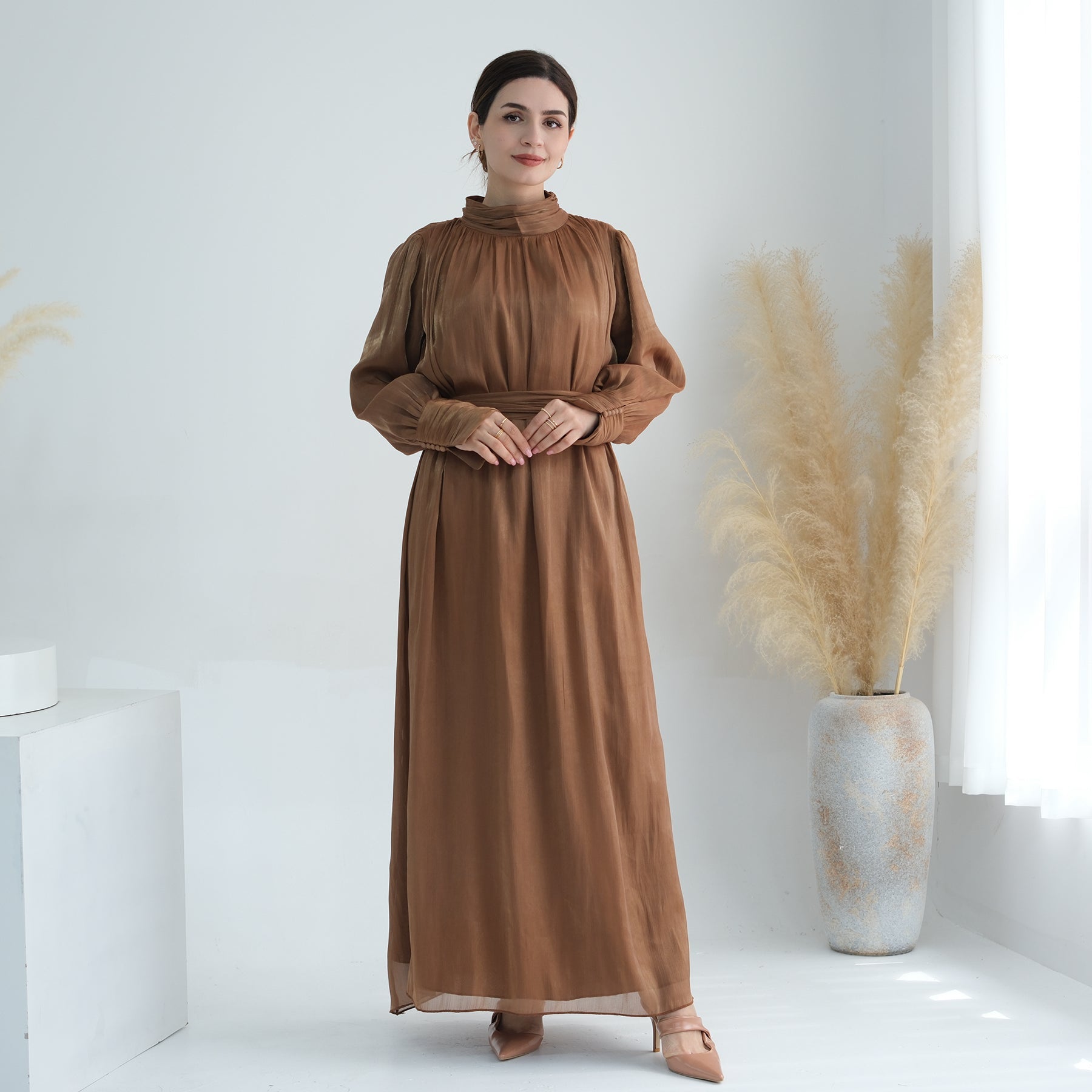 Indira Sparkles Long Sleeve Maxi Dress for Women - Elegant Boho Flowy Evening Gown in Brown | Perfect for Weddings, Parties & Special Occasions