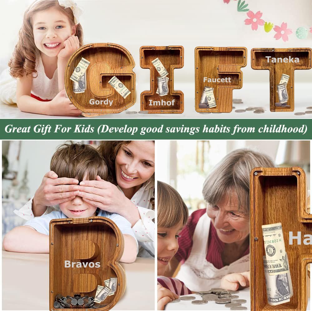 Personalized Engraved Letter Piggy Bank - Custom Coin Money Box for Adults, Kids, Boys & Girls - Unique Christmas Birthday Gift with Text Engraving - Home Decor & Savings Jar for Bedroom, Office, Nursery (P)