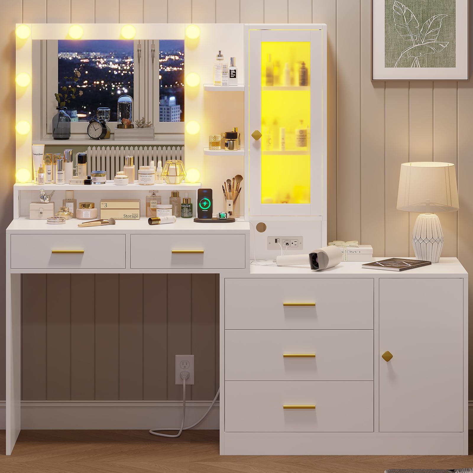 Vanity Desk with Mirror, LED Lights & USB Charging Station - White Makeup Dressing Table with Adjustable Ambient Lighting, Spacious Drawers & Storage - Perfect for Bedroom, Salon, or Dressing Room