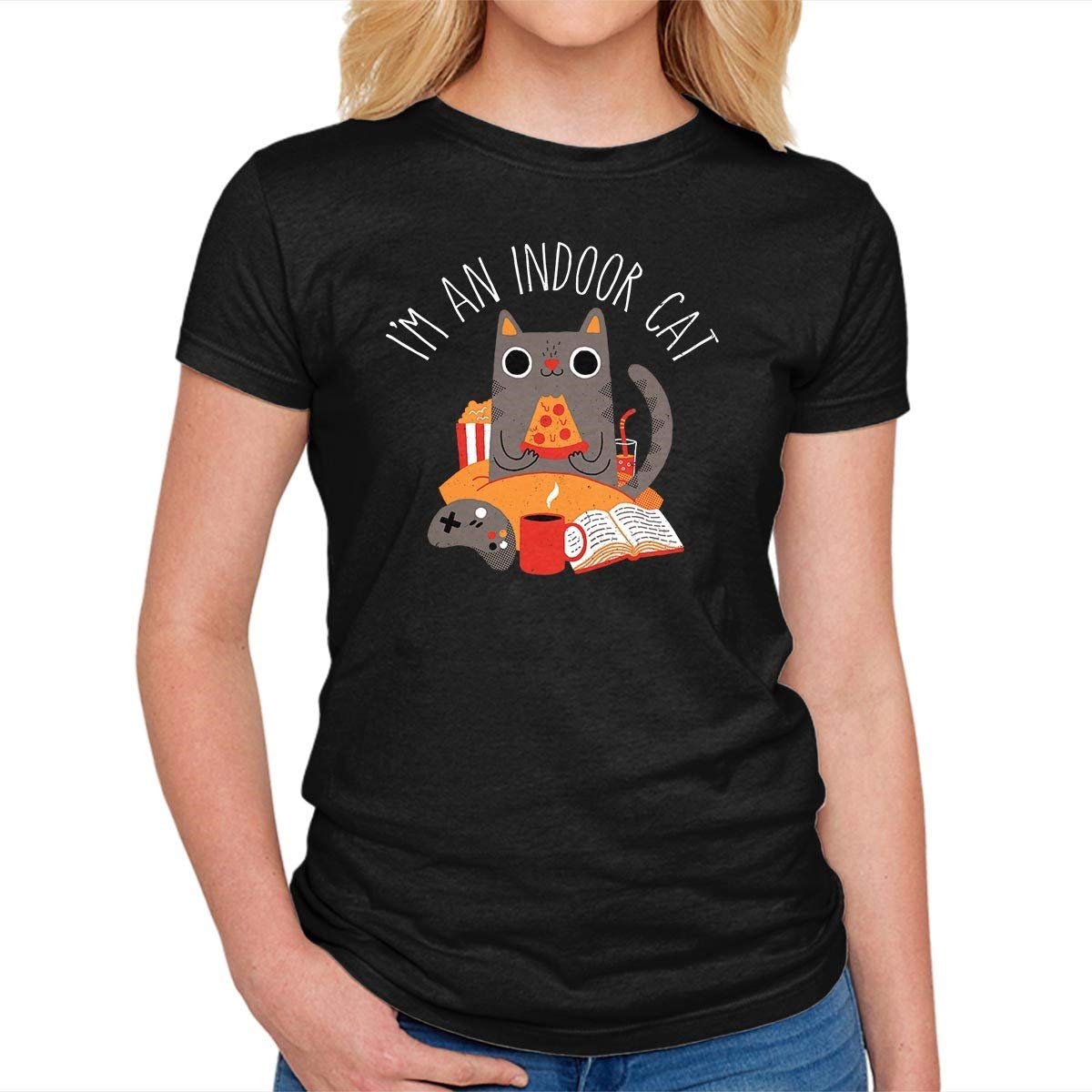 Women's Fitted Cat Lover T-Shirt - Soft Cotton Comfortable Casual Tee for Cat Owners - Perfect for Indoor Activities, Lounging & Cat-Themed Outfits