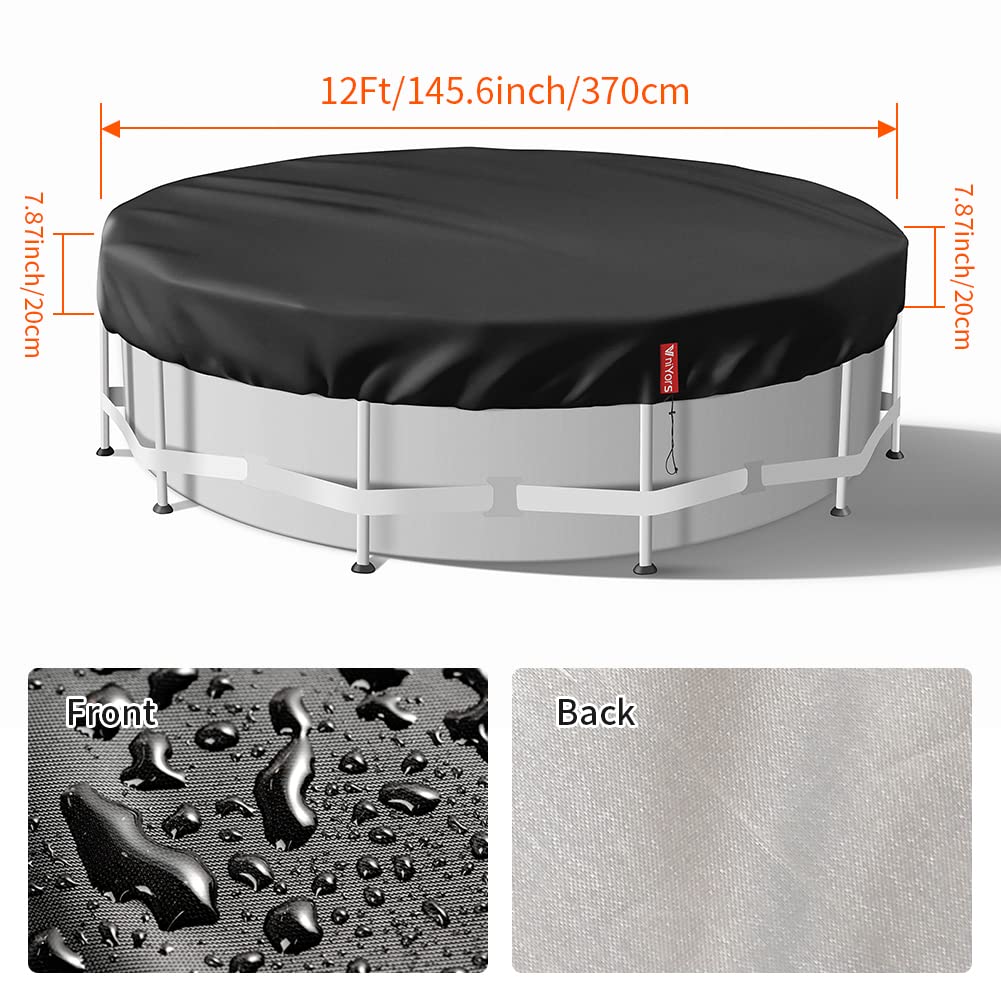 12 Ft Round Solar Pool Cover for Above Ground Pools - Heavy Duty Waterproof Hot Tub Cover with Drawstring & Ground Nails - Dustproof Winter Protection for Swimming Pools & Spas (Black) - Perfect for Year-Round Pool Maintenance & Energy Savings