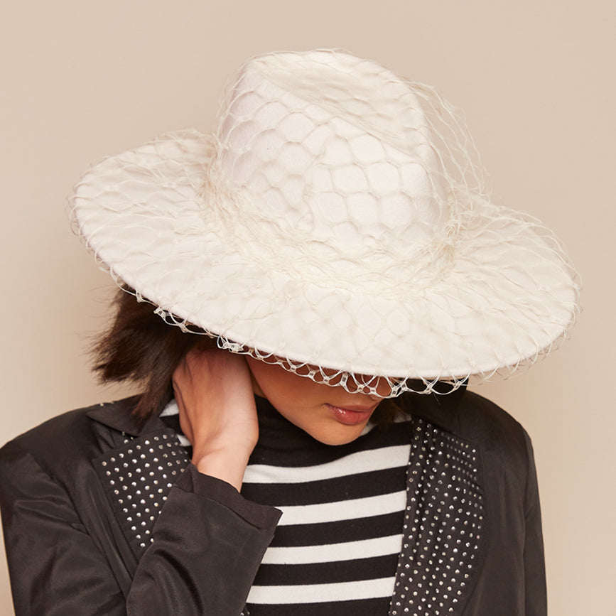 Harlowe Veil Wool Felt Fedora Hat for Women - Classic Wide Brim Fashion Hat for Outdoor, Party & Wedding Occasions