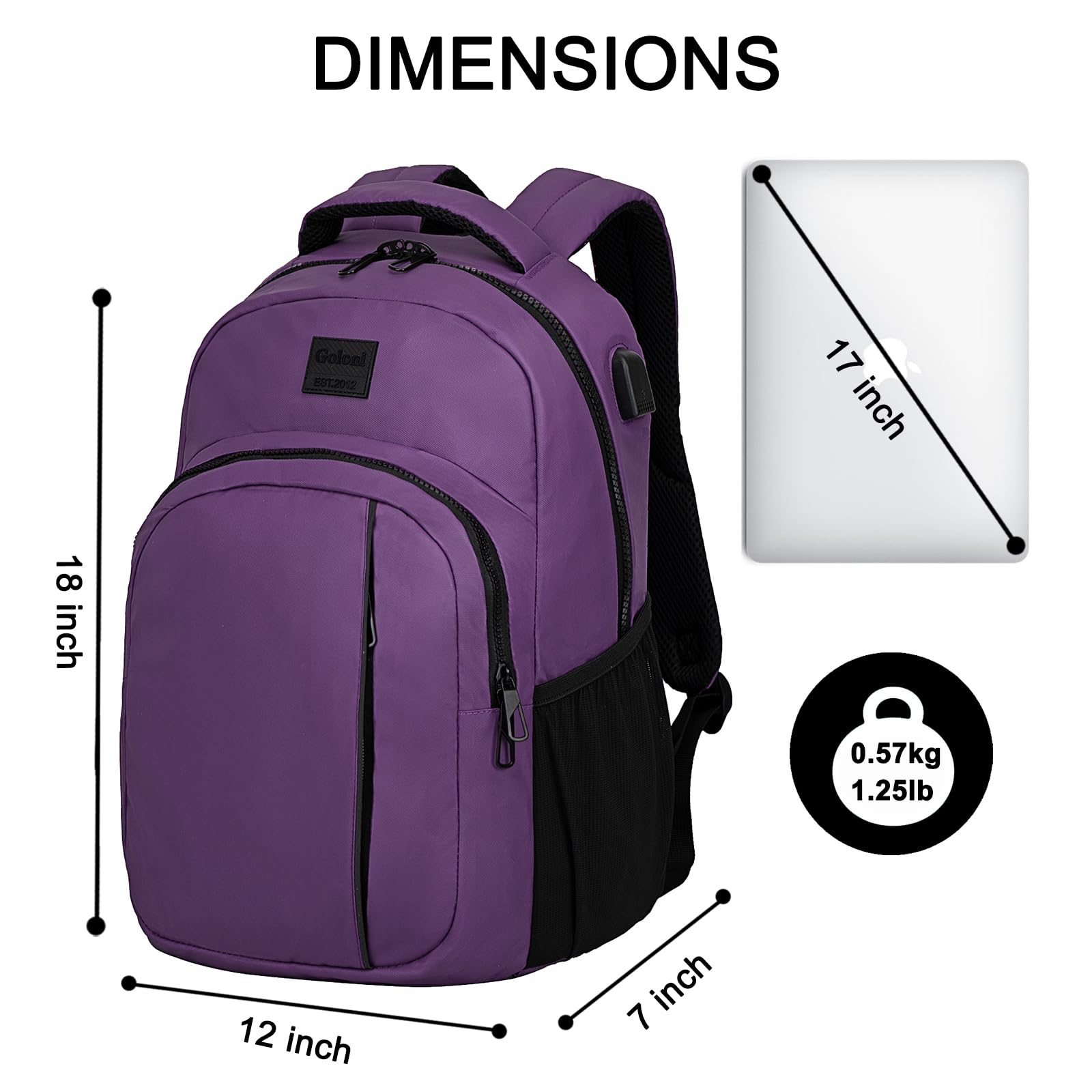 Goloni 15.6 Inch Lightweight Waterproof Laptop Backpack with USB Charging Port - Durable Travel, Work & School Bag for Men & Women - Perfect for College, High School & Business Use (Purple)