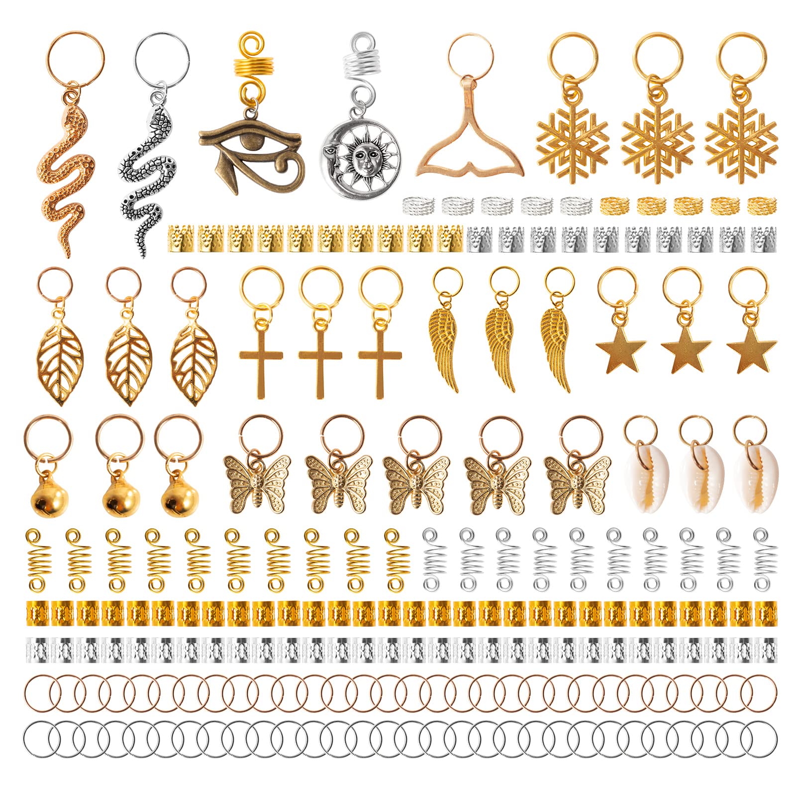 Vaikby 201PCS Hair Jewelry Beads for Braids - Gold & Silver Dreadlock Accessories, Metal Hair Rings & Charms for Women - Perfect for Boho Hairstyles, Festival Looks & Everyday Hair Decor