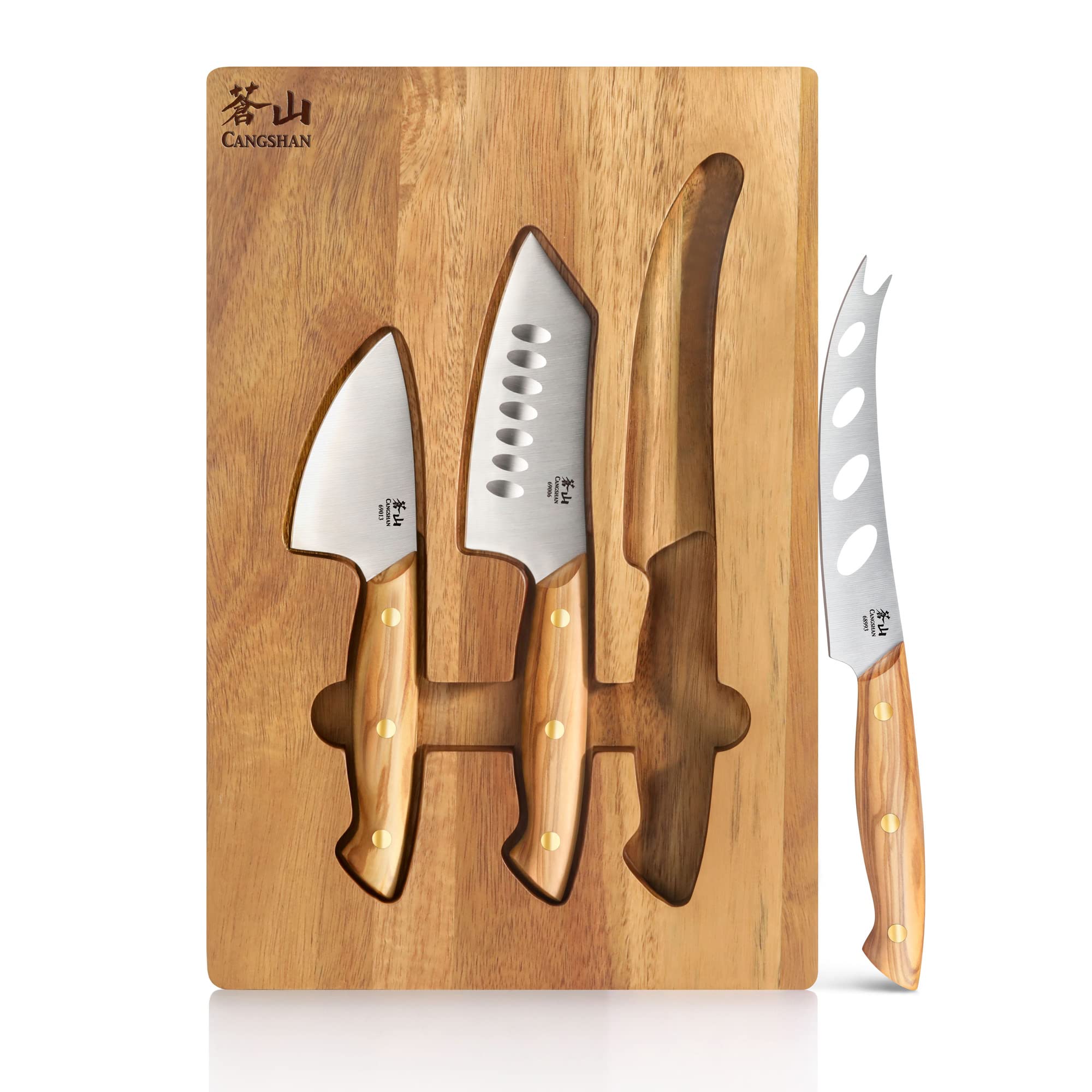 Cangshan 3-Piece Olive Wood Cheese Knife Set with Acacia Wood Cheese Board - Perfect for Wine Tasting, Charcuterie Boards & Entertaining Guests
