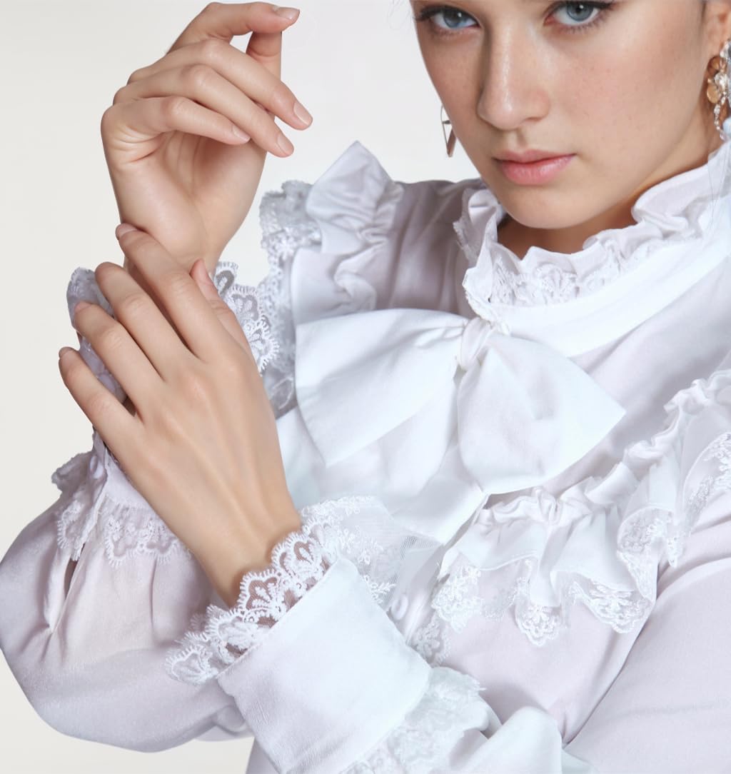 Victorian Women's Long Sleeve Blouse with Stand Collar & Lotus Ruffles - Gothic Medieval Top for Renaissance Fairs, LARP Costumes & Vintage Fashion
