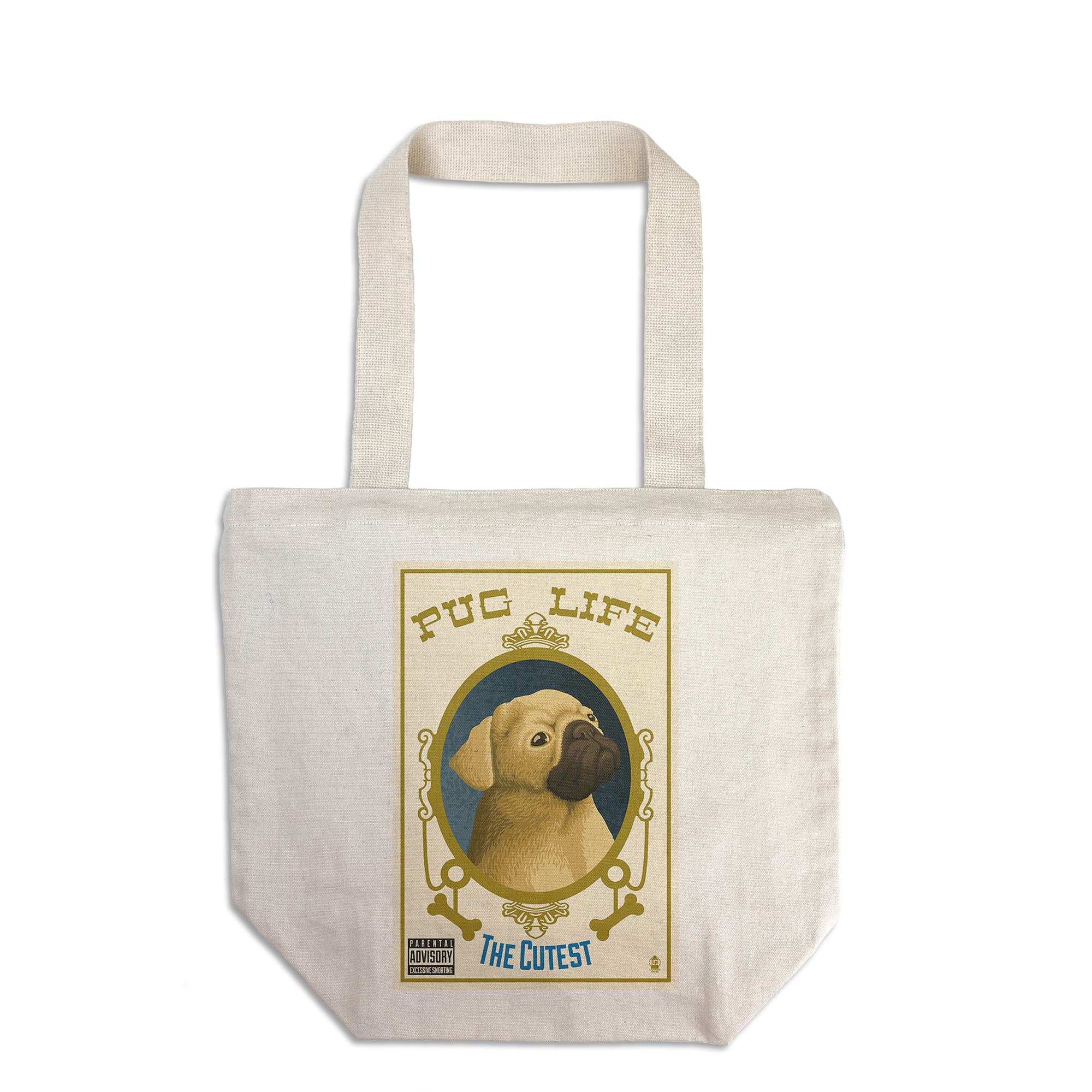 Lantern Press Pug Retro Record Print - 100% Cotton Canvas Reusable Tote Bag for Grocery Shopping, Beach Trips & Everyday Use