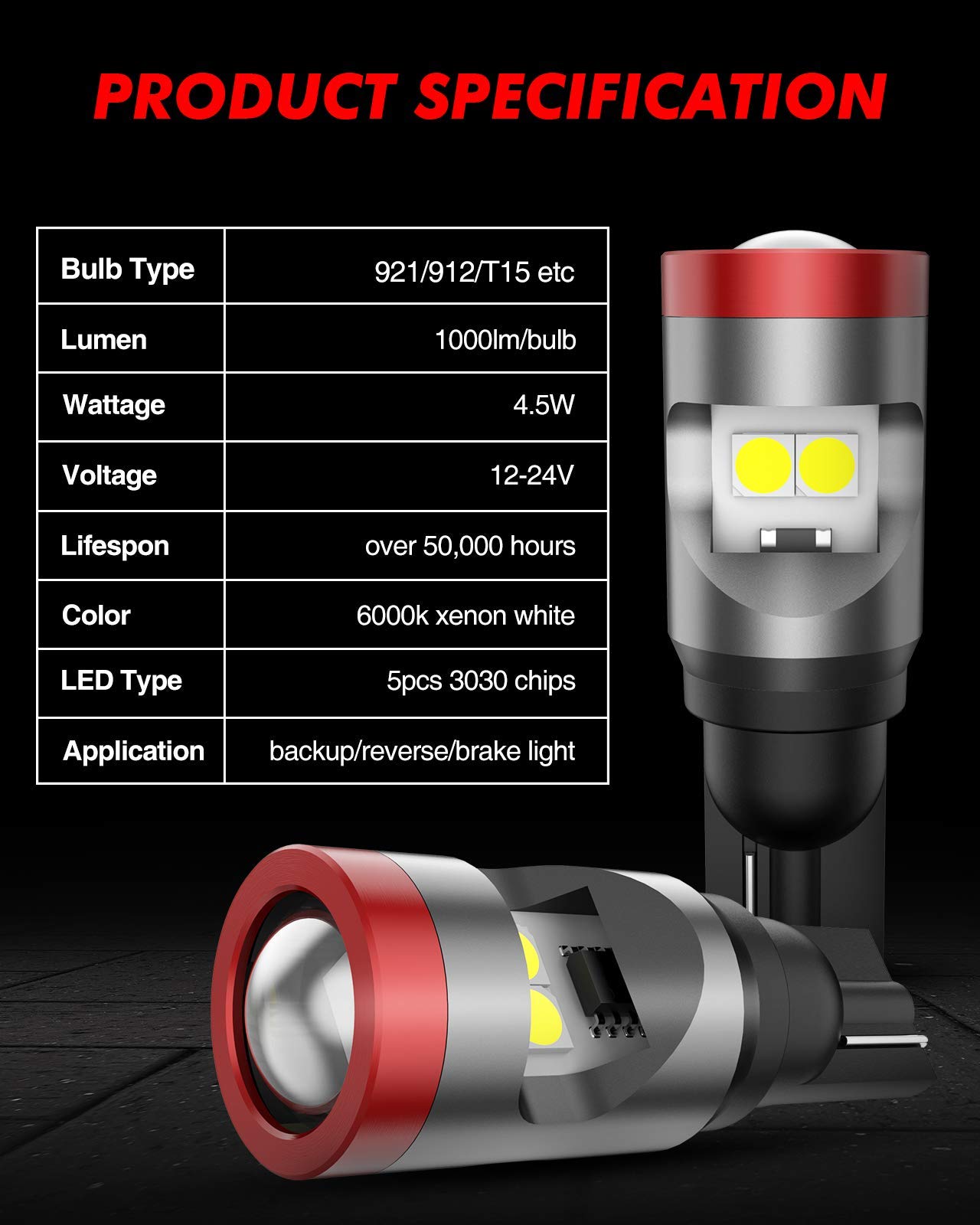 Torchbeam 912 921 LED Bulb T15 Backup Light Bulbs - Super Bright 3030 SMD Chipsets, Error-Free 906 W16W Replacement for Brake Reverse Lights - 6000K Xenon White (2-Pack) - Perfect for Trucks, SUVs, and Car Backup Lighting Systems