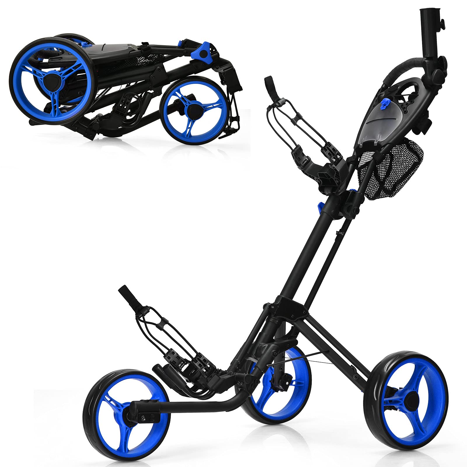 GYMAX 3-Wheel Folding Push Cart - Adjustable Height Lightweight Golf Trolley with Umbrella Holder & Mesh Storage Bag - Quick Open Fold Design for Golfers - Perfect for Golf Courses, Parks & Outdoor Activities