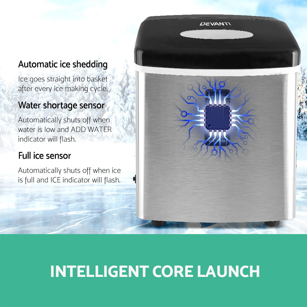 Devanti 3.2L Stainless Steel Portable Ice Maker Machine - Fast 26lbs Daily Output, Perfect for Home, Office, Parties & Outdoor Camping