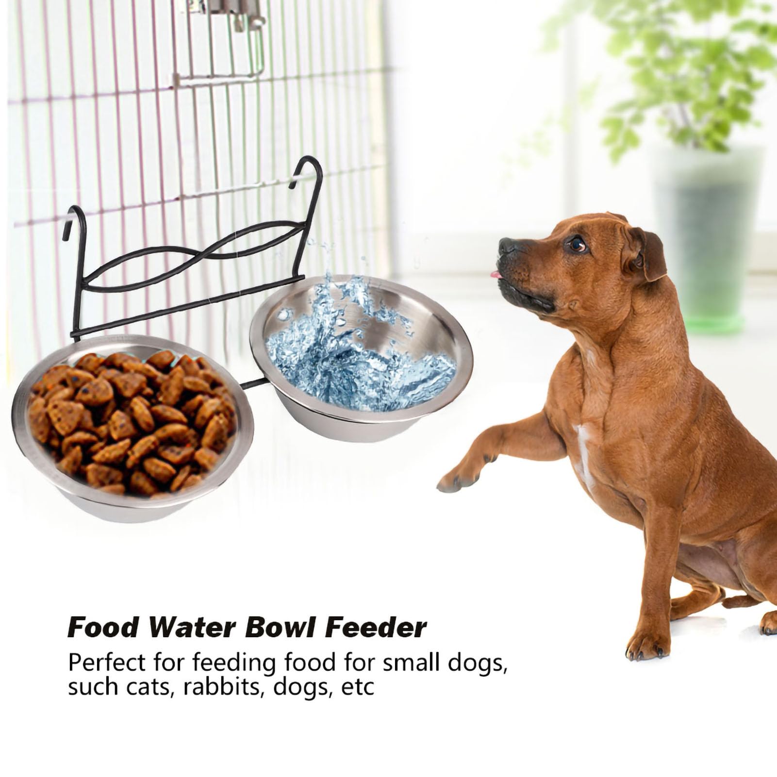 Stainless Steel Double Pet Bowl with Hook - Hanging Food & Water Dish for Cats, Dogs, Puppies - Perfect for Cages, Kennels, and Travel Crates