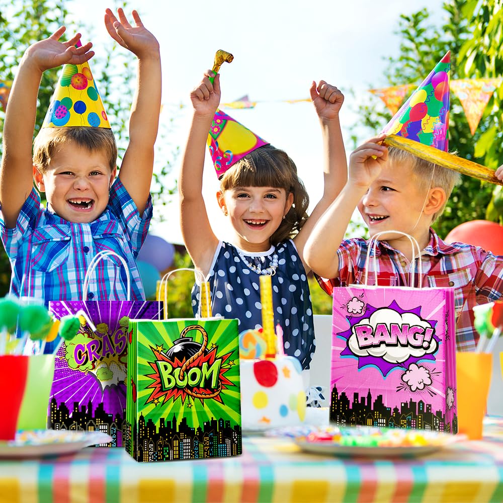 24 Pcs Hero Party Favor Bags with Handles - Comic Hero Theme Goodie Bags for Kids Birthday Party, Baby Shower & Special Events | Kraft Paper Gift Bags with Handles for Candy, Treats & Party Supplies | Perfect for Superhero Themed Decorations & Party Favors