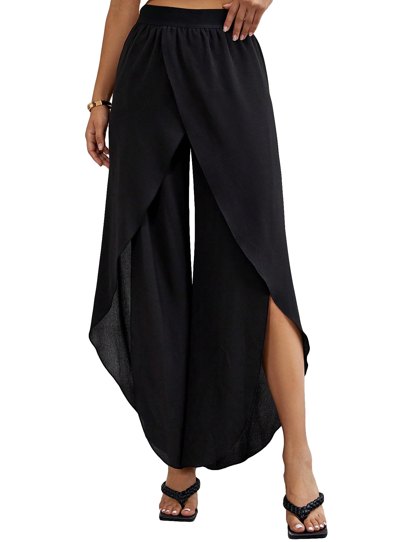 WDIRARA Women's High Waisted Stretchy Wide Leg Pants - Elastic Waistband, Asymmetrical Hem, Casual Lounge Pants for Work, Travel & Everyday Wear