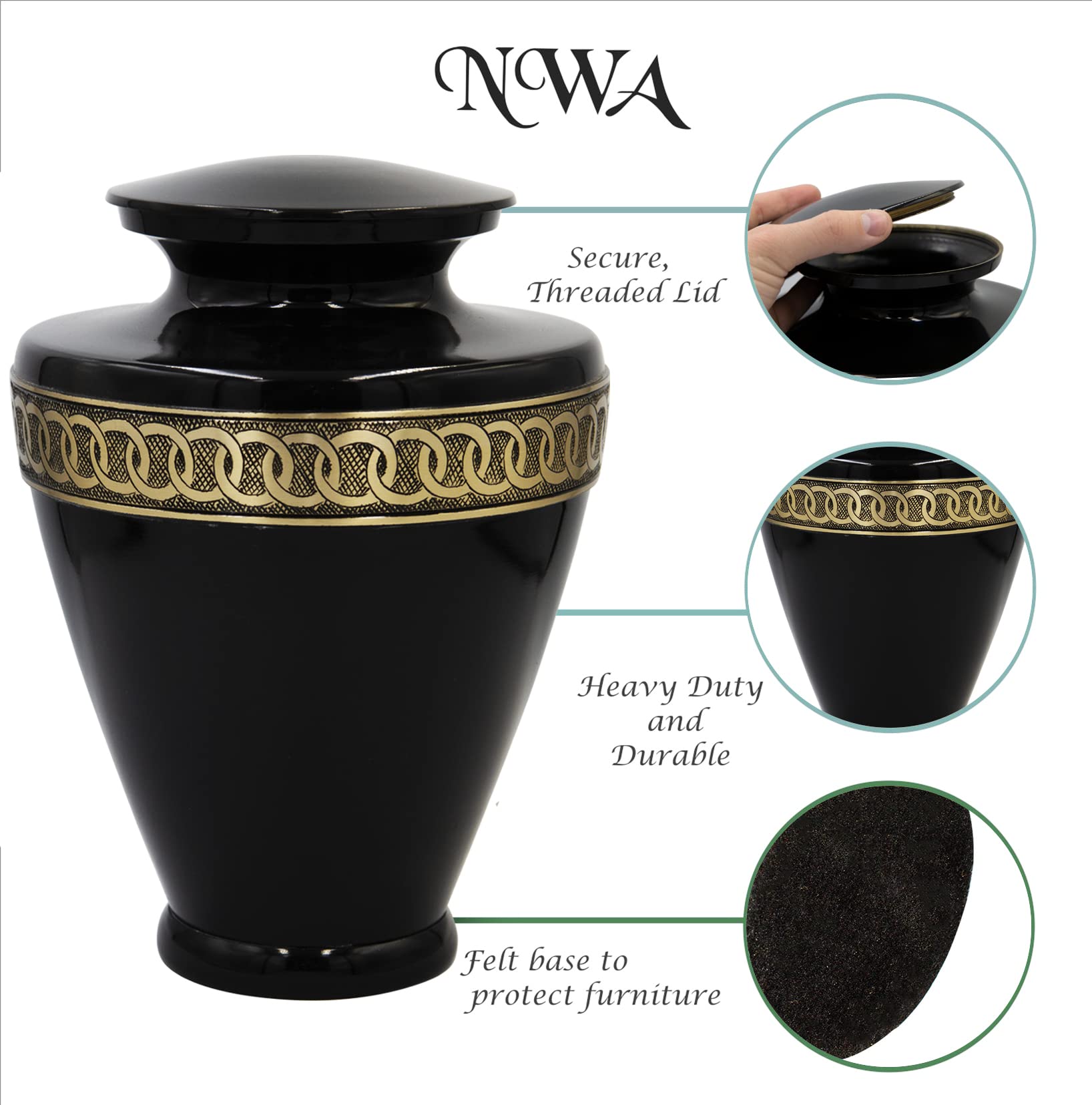 Elegant Black & Gold Solid Brass Cremation Urn for Adults - Human Ashes Urn with Velvet Bag | Perfect for Funeral Services, Memorials & Home Display