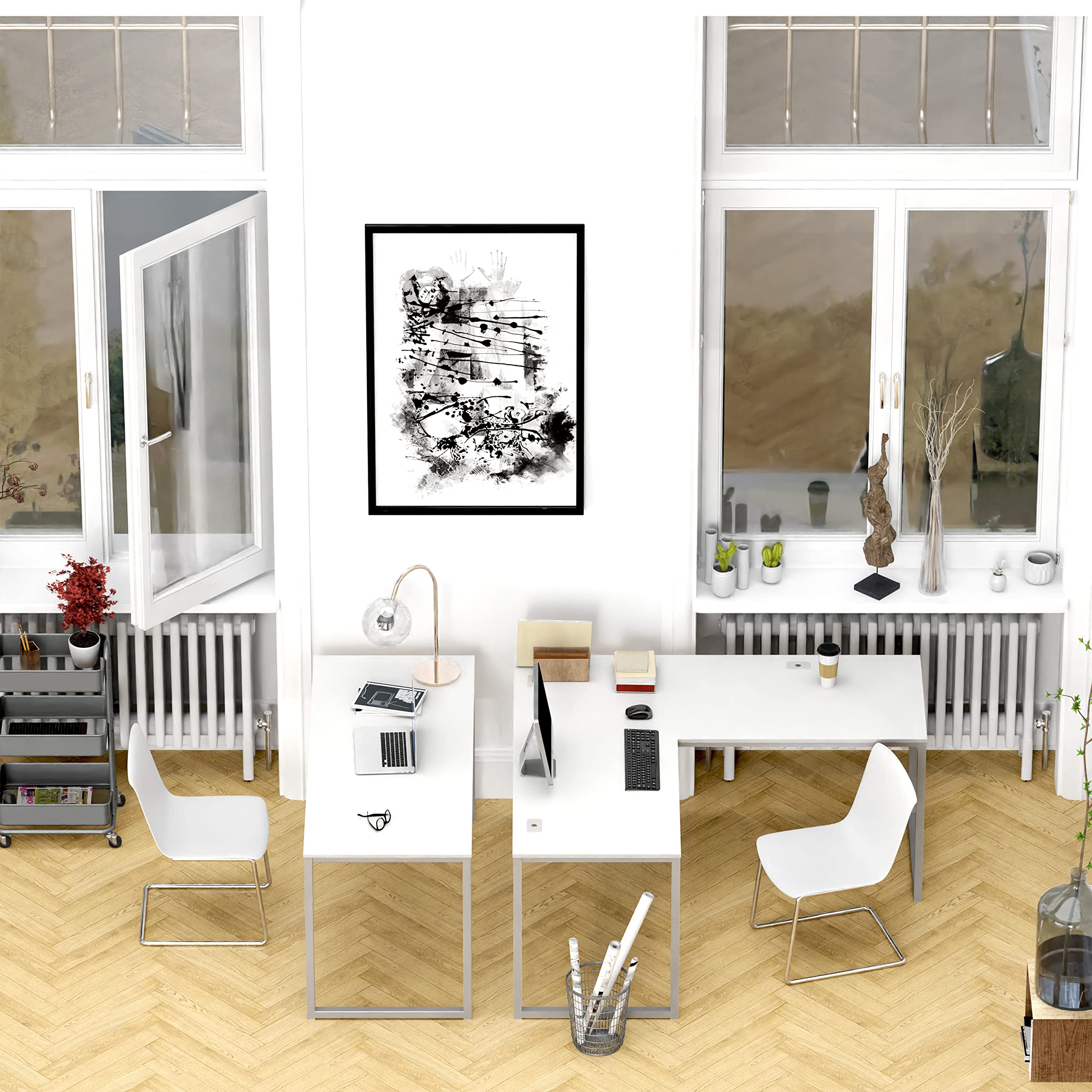 SHW Mission 55-Inch Home Office Computer Desk, White - Modern Writing Desk for Small Spaces, Study Desk for Students, Work from Home Office Furniture - Perfect for Remote Work, Online Classes & Gaming Setup