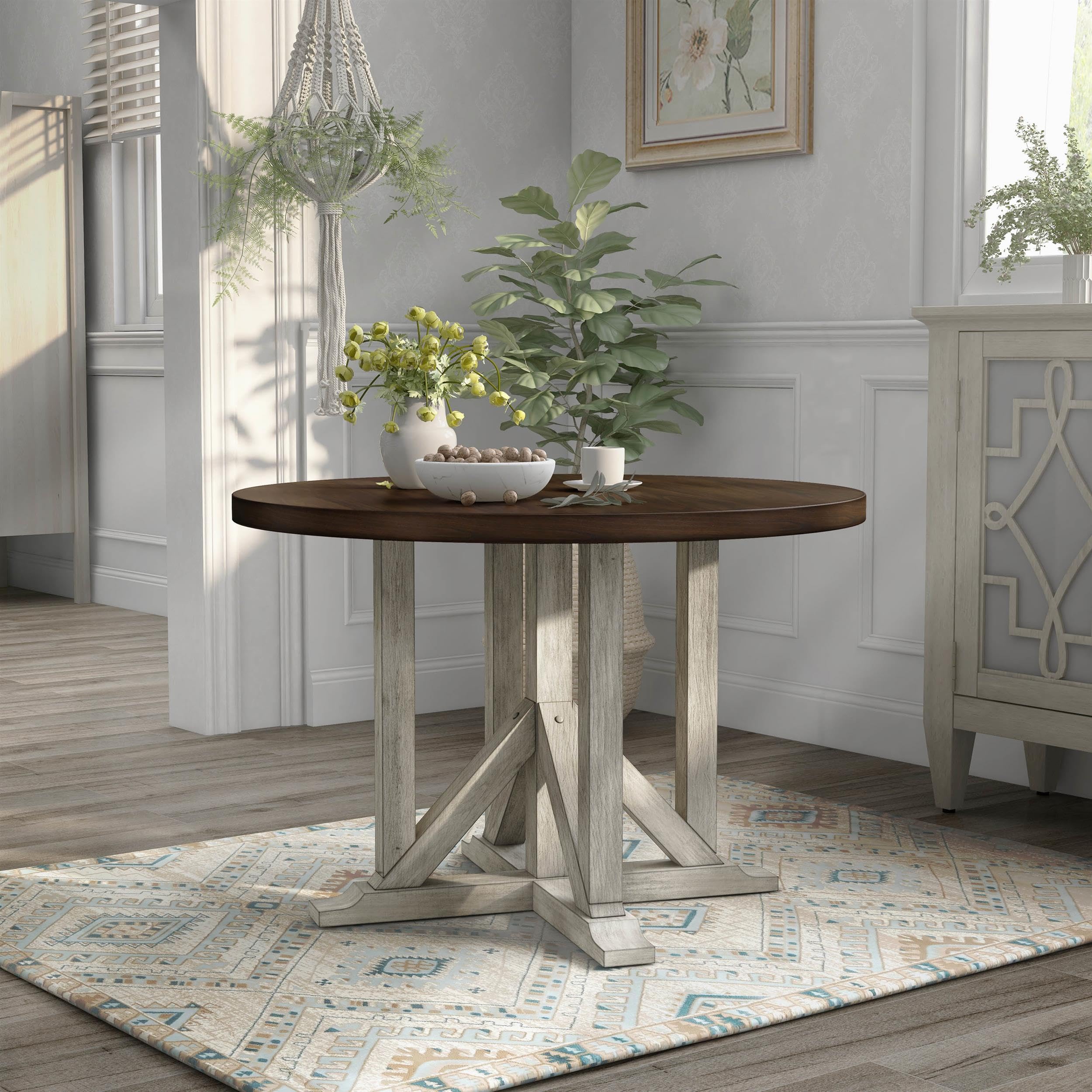 Furniture of America Kadda Farmhouse Wood Round Dining Table in Antique White - Rustic Kitchen Table for Family Gatherings & Dining Rooms