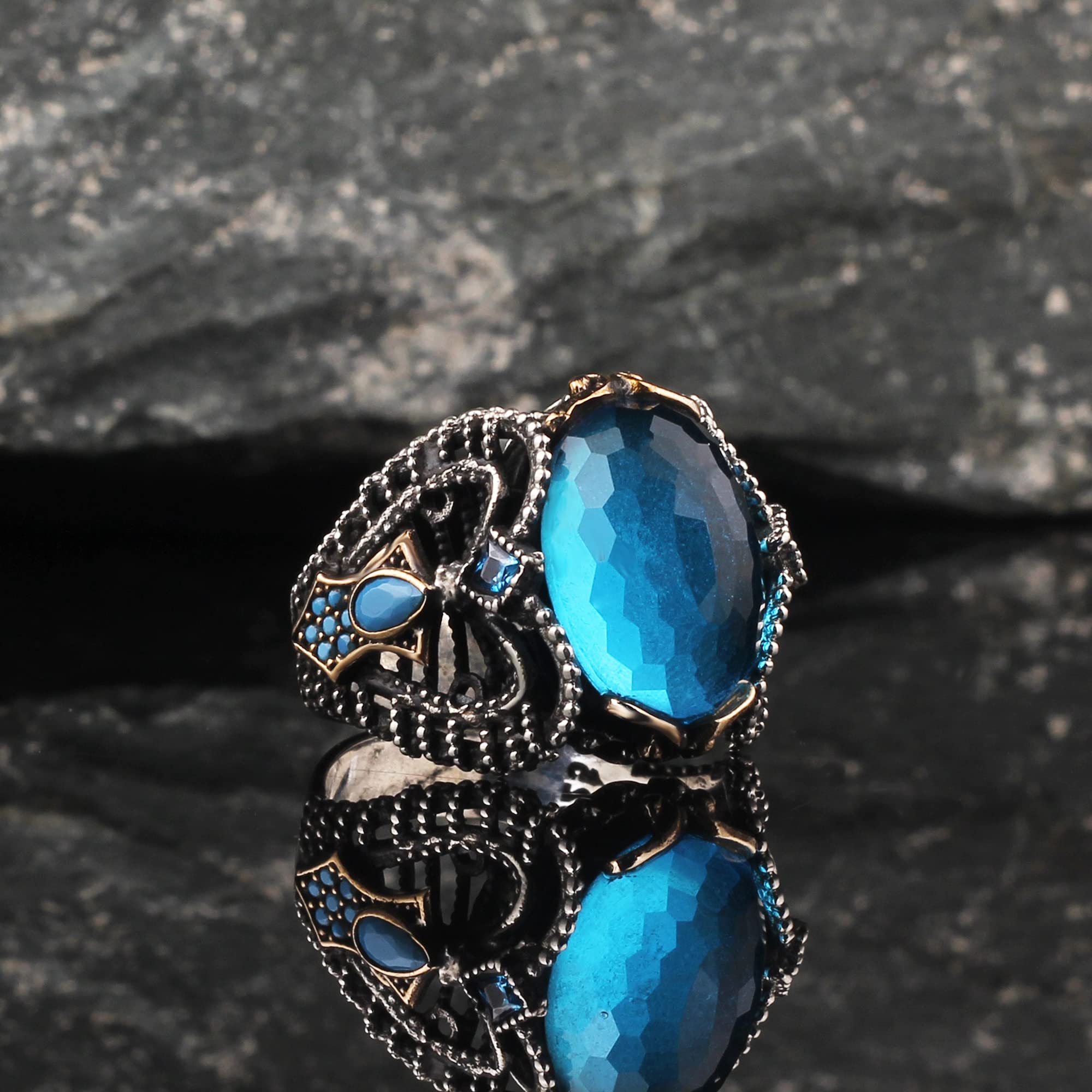 925 Sterling Silver Men's Ring with Blue Topaz Gemstone - Handmade Engraved Turkish Silver Jewelry for Men - Perfect Valentine's Day Gift, Anniversary Present & Everyday Wear Accessory