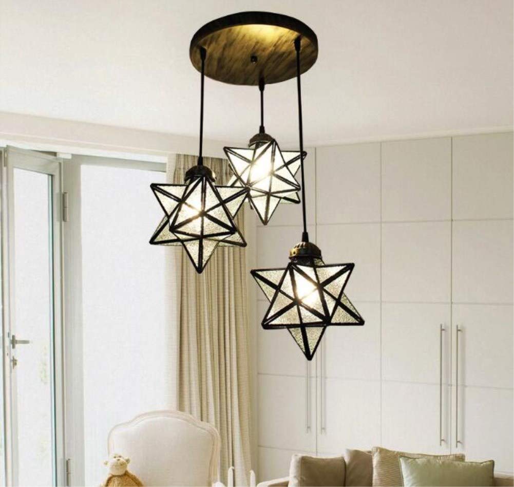 Teimi&Ritou 3-Light Round Base Moravian Star Chandelier - Iron Art Pendant Lamp with Crystal Glass for Dining Room, Living Room & Bedroom Lighting