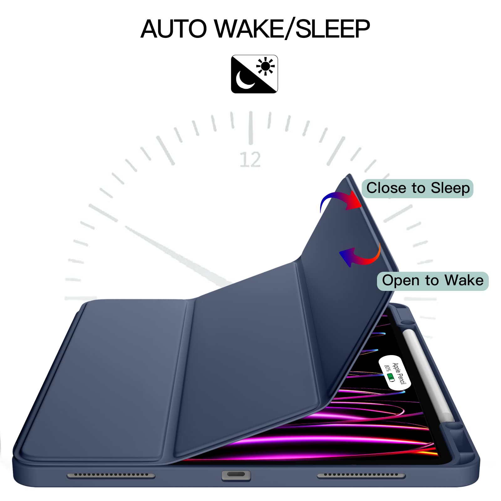 Akkerds iPad Pro 12.9 Case (6th/5th/4th/3rd Gen 2022-2018) - Premium Trifold Stand Smart Cover with Pencil Holder & Auto Wake/Sleep | Shockproof TPU Back | Blue Gray | Perfect for Work, School & Travel