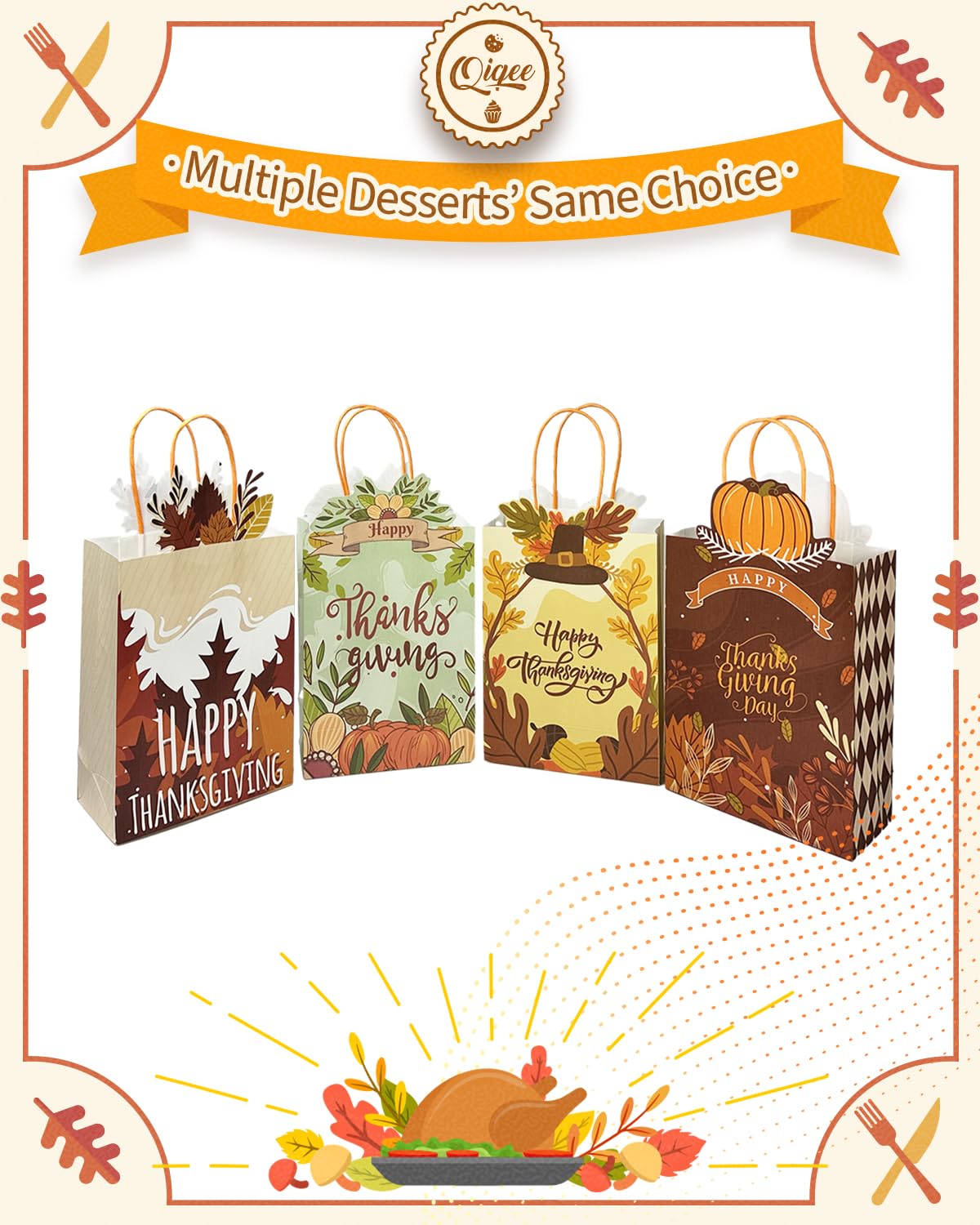 qiqee 24-Pack Thanksgiving Paper Gift Bags with Handles - 8.26×6×3.15 Inch Small Pumpkin Themed Gift Bags for Party Favors, Holiday Treats & Gift Wrapping (Bulk Pack)