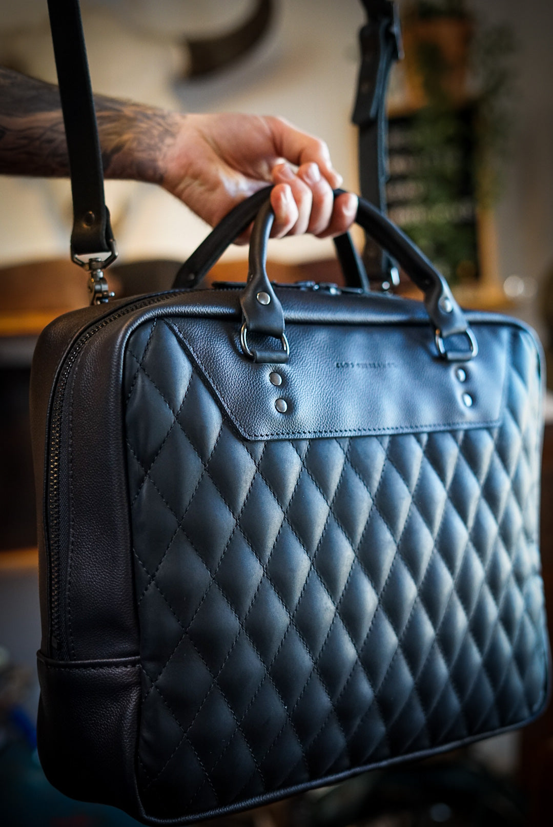 Premium Business Bag - Diamond Stitch Two-Tone Design (Flat Black & Pebbled Black) - Perfect for Office, Work Commute & Professional Meetings