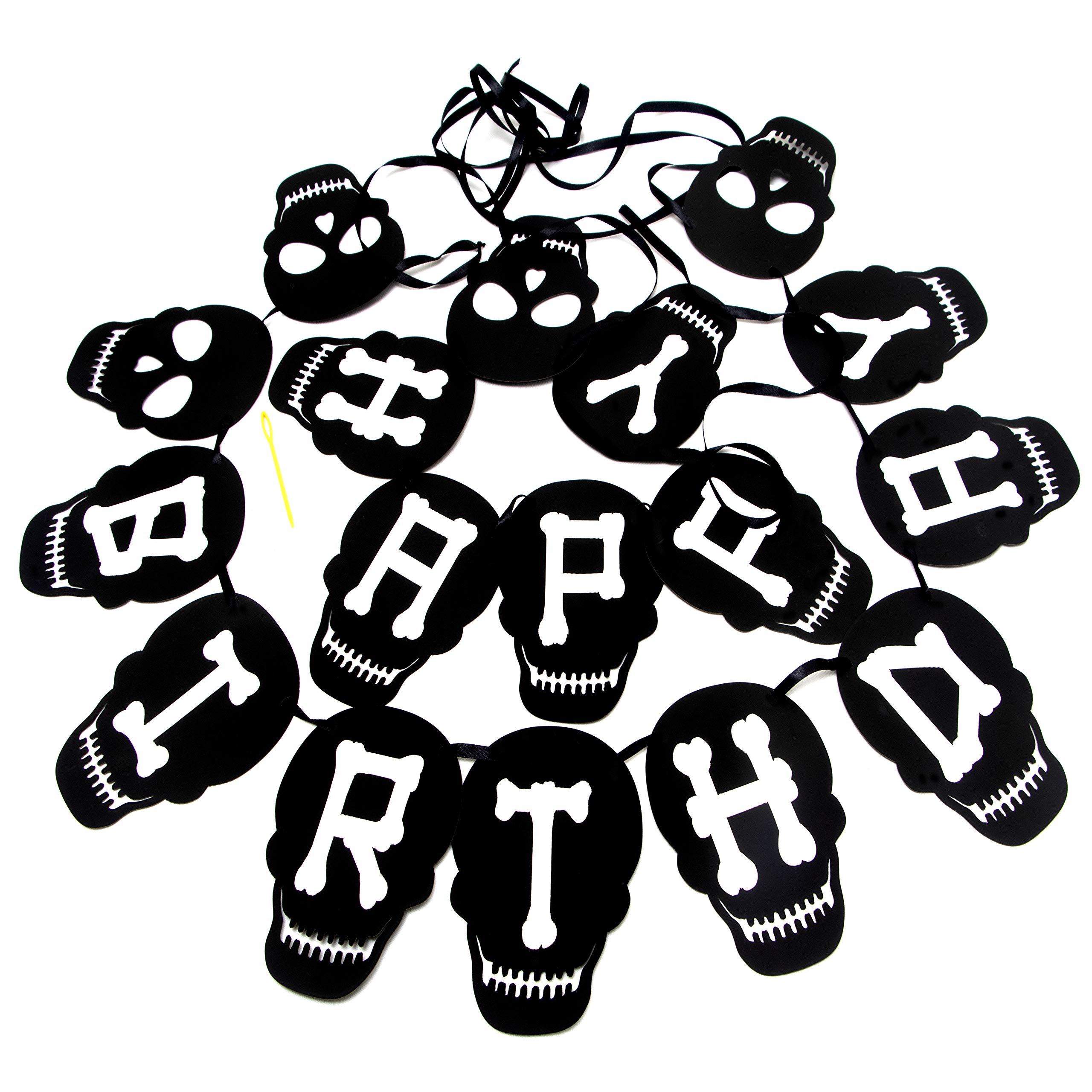 Happy Birthday Banner with Black Skull Design - Party Decorations for Halloween, Gothic & Themed Birthday Celebrations