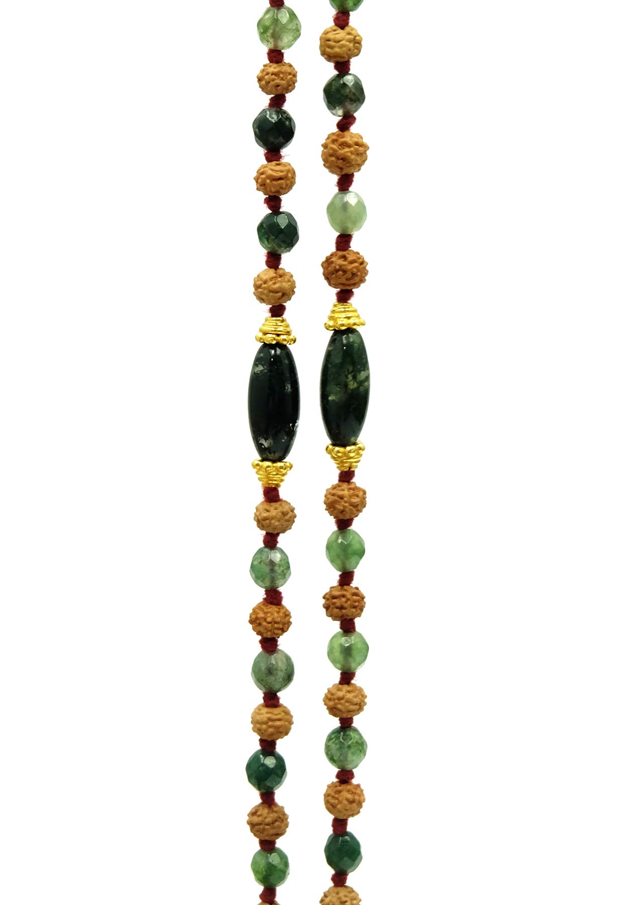 216 Rudraksha Prayer Beads with 22K Gold Plated Silver Caps - Moss Agate Crystal & Turquoise Heart Pendant for Meditation, Yoga & Spiritual Healing | Perfect Hindu Buddhist Mala Necklace