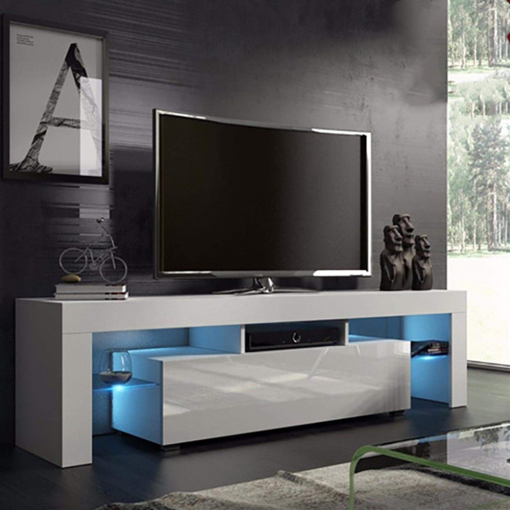 Modern White LED TV Stand with Lights & Storage Drawers - High Gloss Entertainment Center for 65/55/50/43 Inch TVs - Perfect for Living Room, Bedroom & Home Theater Setup