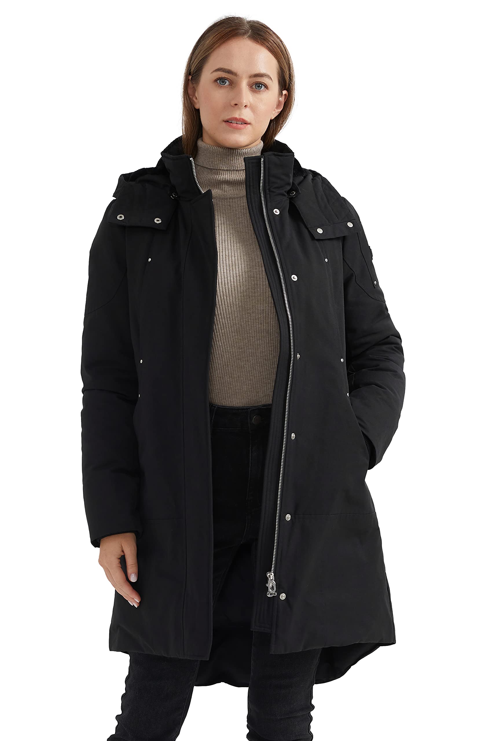Orolay Women's Mid-Length Down Coat - Hooded Winter Parka with Stand Collar | Warm Puffer Jacket for Cold Weather, Outdoor Activities & Daily Commute