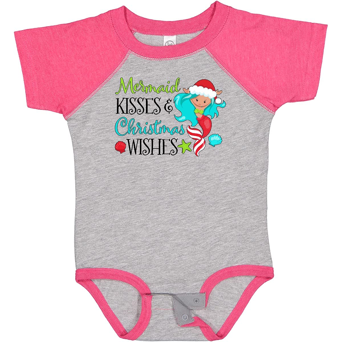 Inktastic Mermaid Kisses & Christmas Wishes Seashell Baby Bodysuit - Cute Holiday Outfit for Infants, Newborn Photo Shoots & Christmas Celebrations